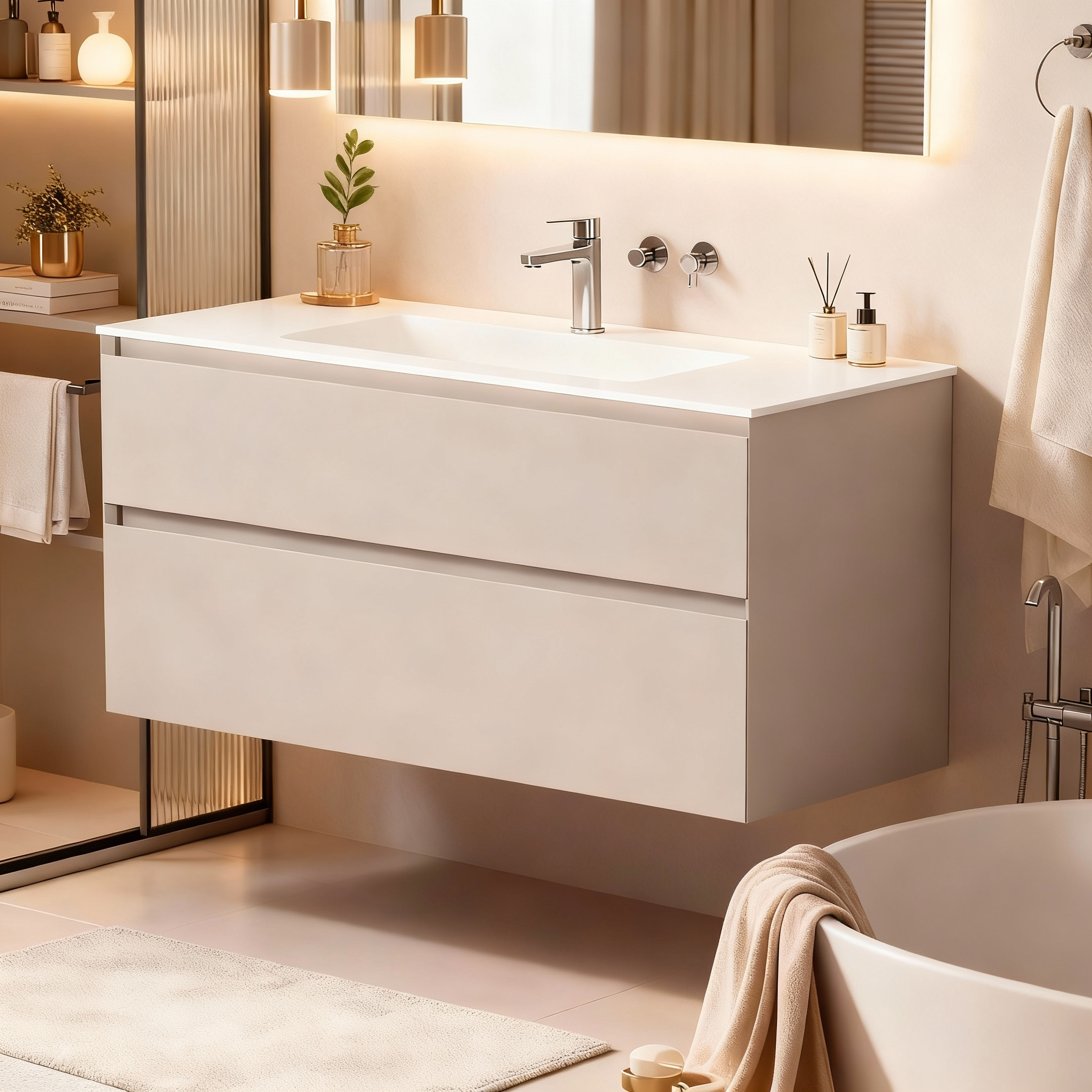 SanoBlu Pure wastafelmeubel 100 cm cashmere grijs met solid surface wastafel 2