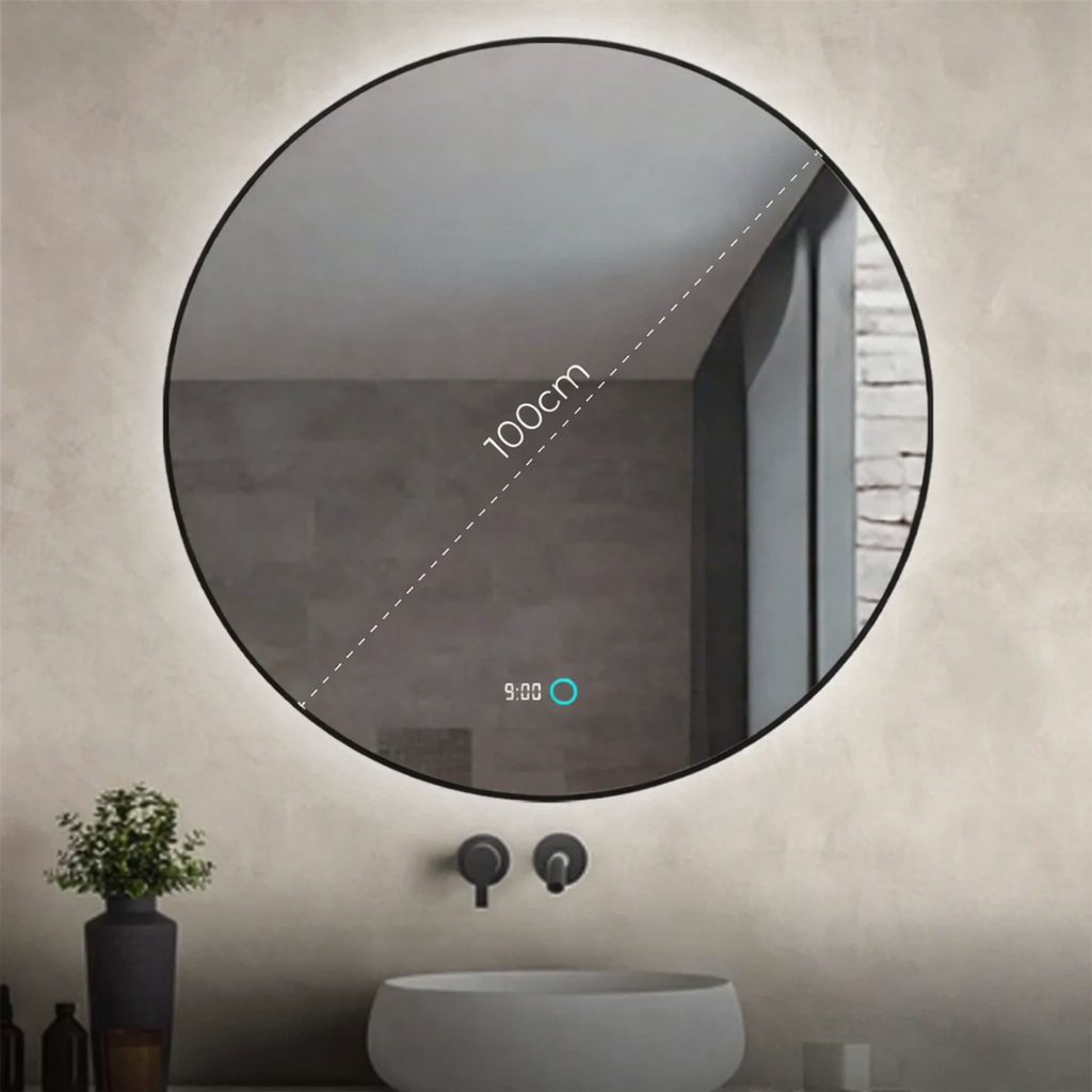 Sanoblu Neon Ronde Badkamerspiegel met zwarte frame LED verlichting en verwarming 100 cm