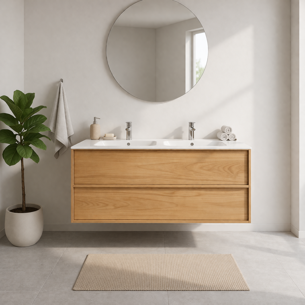 SanoBlu Riva wastafelmeubel 120 cm echt eikenfineer naturel met dubbele keramische wastafel