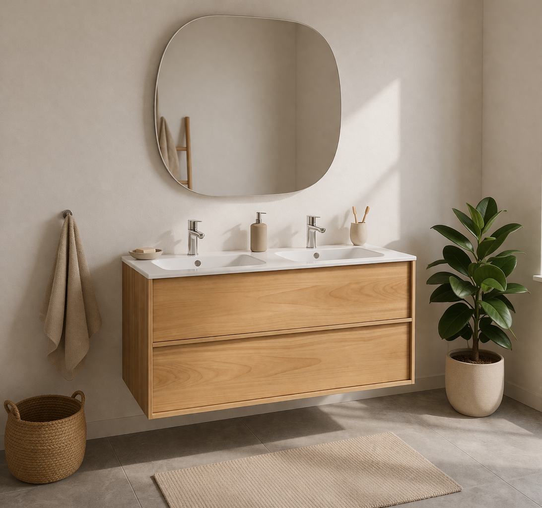 SanoBlu Riva wastafelmeubel 120 cm echt eikenfineer naturel met dubbele keramische wastafel