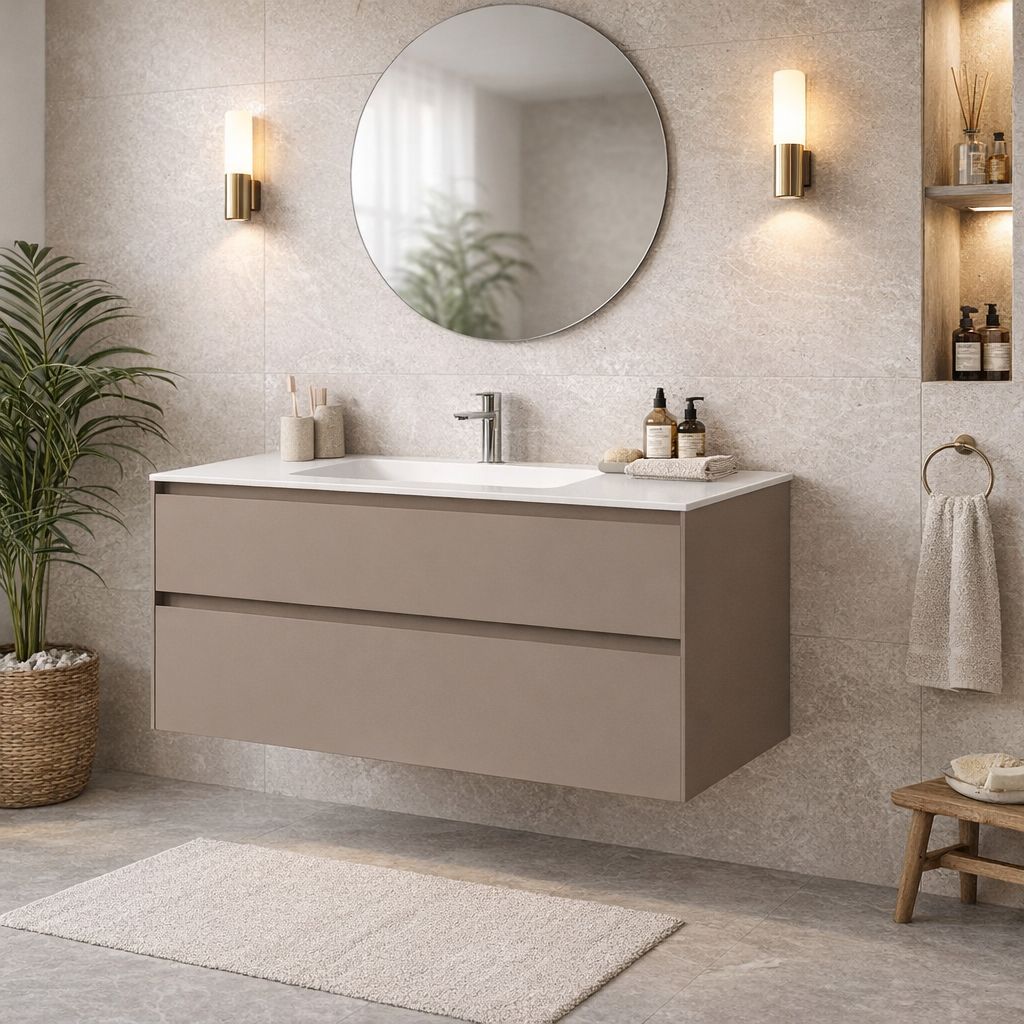 SanoBlu Pure wastafelmeubel 120 cm cacao bruin met keramische wastafel