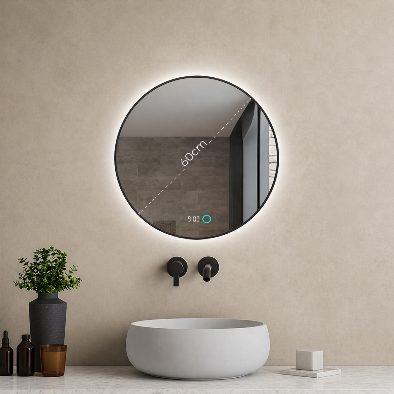 Sanoblu Neon Ronde Badkamerspiegel met zwarte frame LED verlichting en verwarming 60 cm
