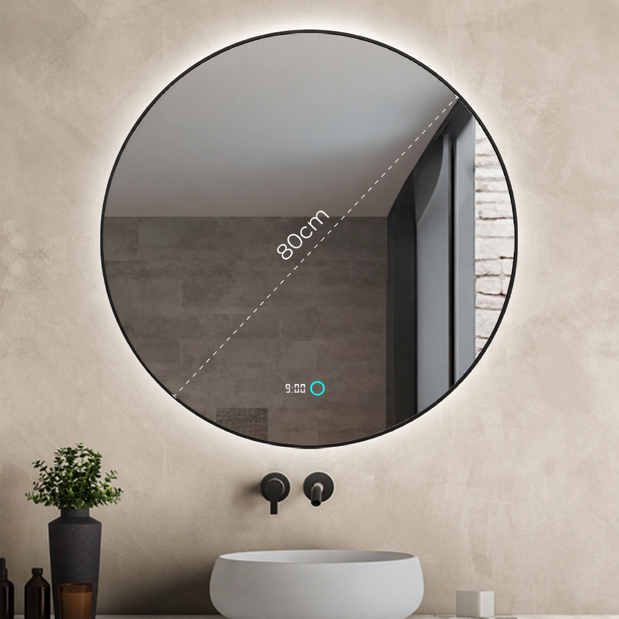 Sanoblu Neon Ronde Badkamerspiegel met zwarte frame LED verlichting en verwarming 80 cm