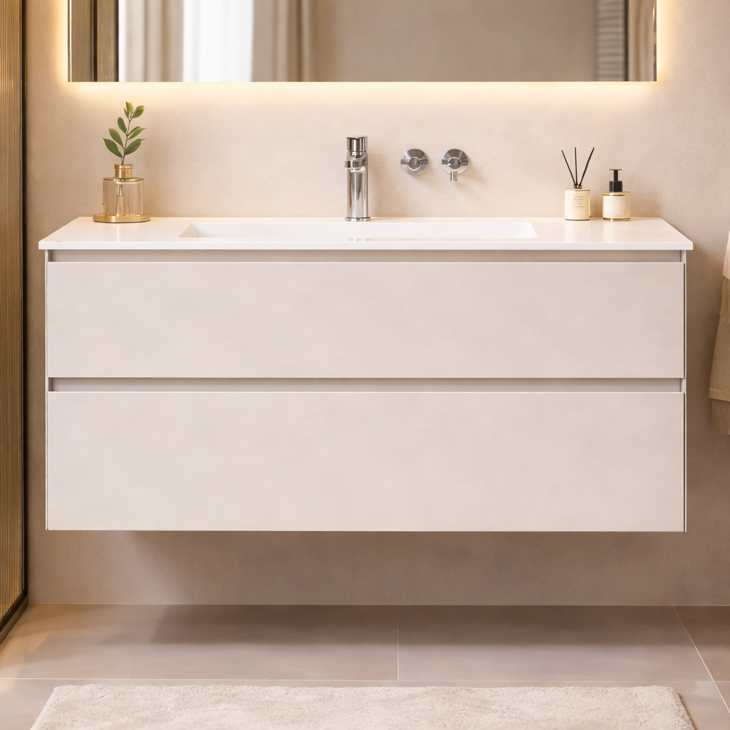 SanoBlu Pure wastafelmeubel 120 cm cashmere grijs met solid surface wastafel 2