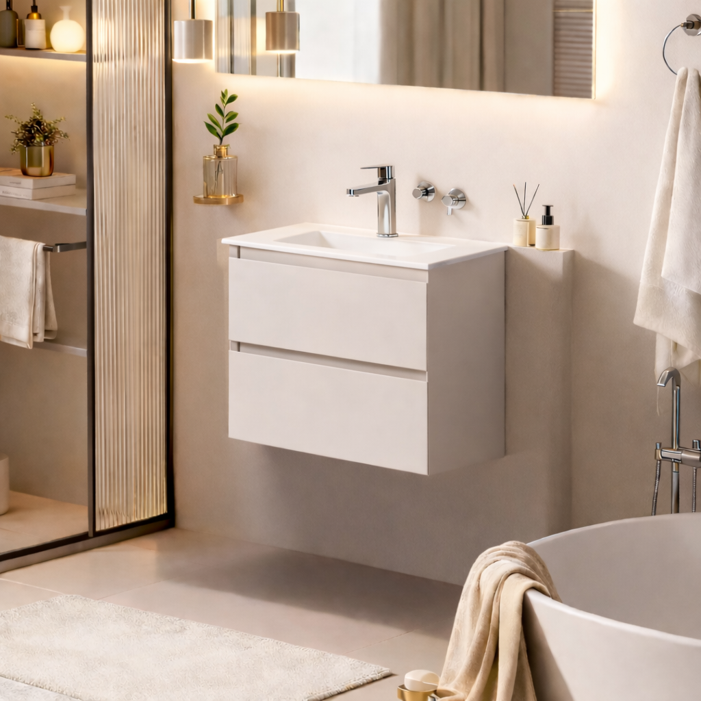 SanoBlu Pure wastafelmeubel 60 cm cashmere grijs met solid surface wastafel 2