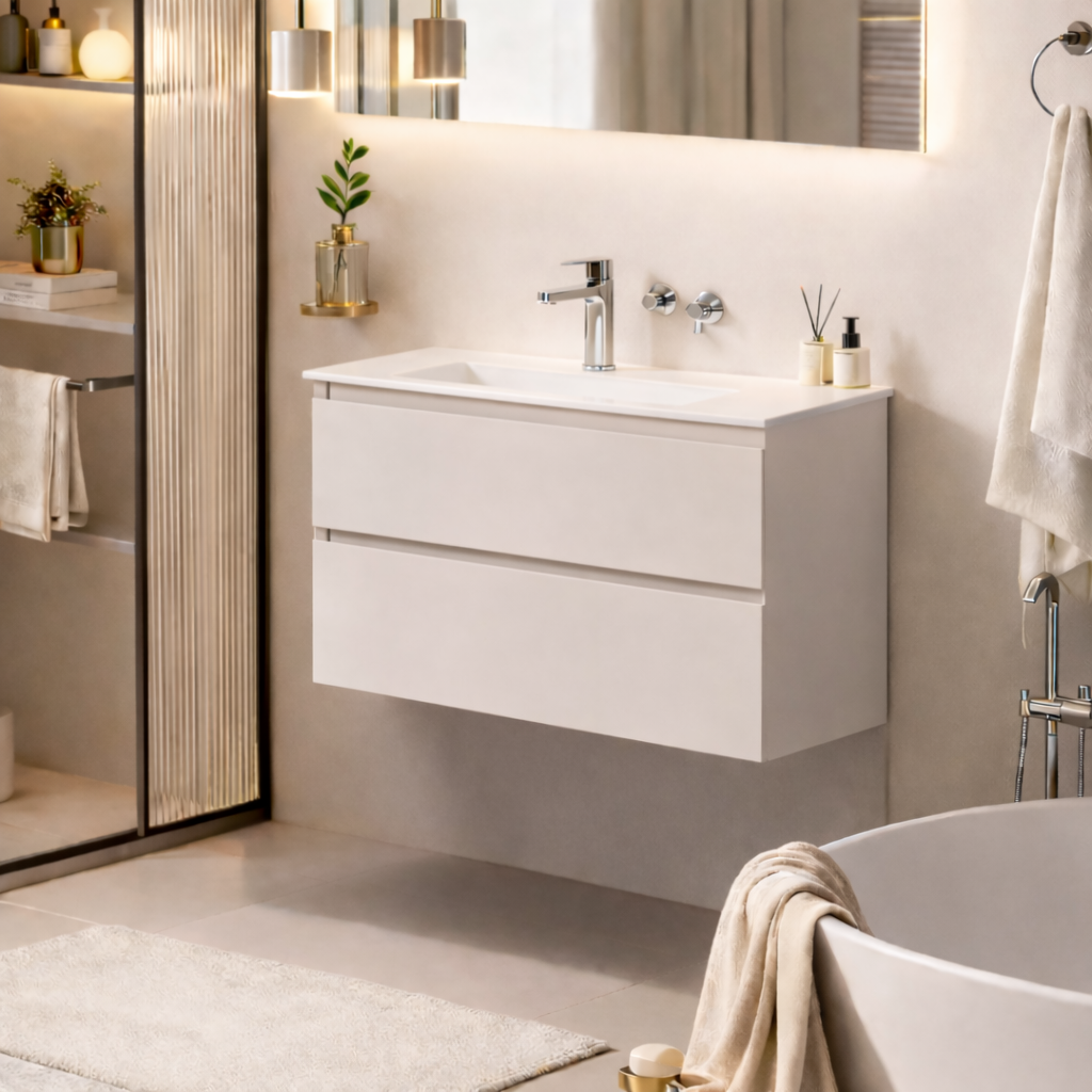 SanoBlu Pure wastafelmeubel 80 cm cashmere grijs met solid surface wastafel 2