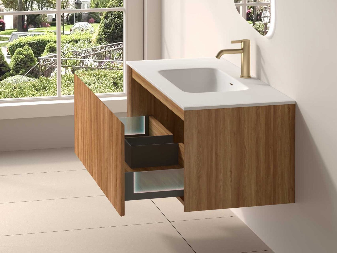 SanoBlu Lima wastafelmeubel 100 cm licht walnoot met solid surface wastafel 4