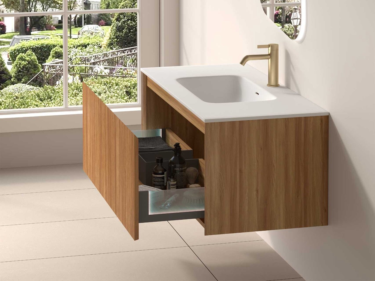 SanoBlu Lima wastafelmeubel 100 cm licht walnoot met solid surface wastafel 6