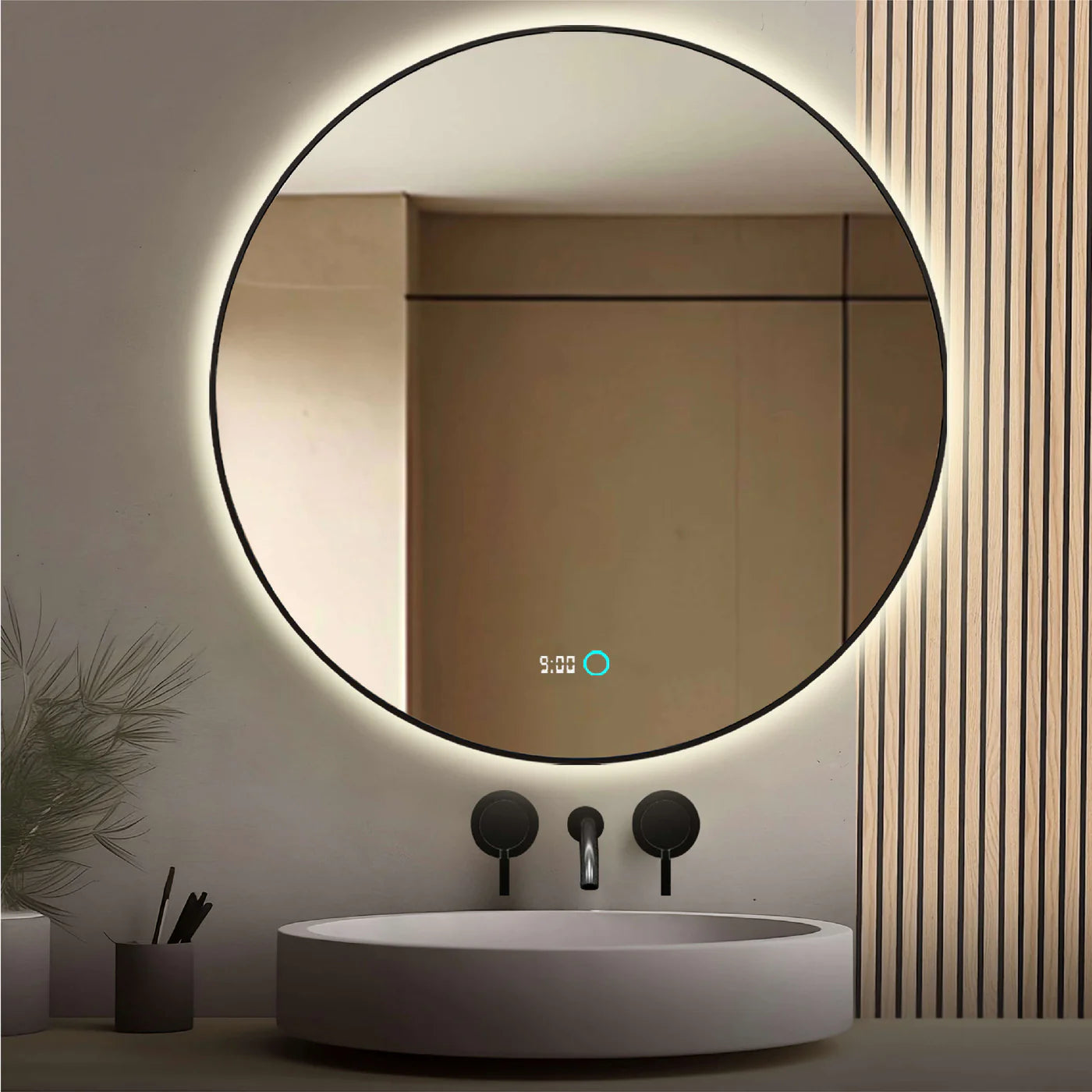 Sanoblu Neon Ronde Badkamerspiegel met zwarte frame LED verlichting en verwarming 100 cm