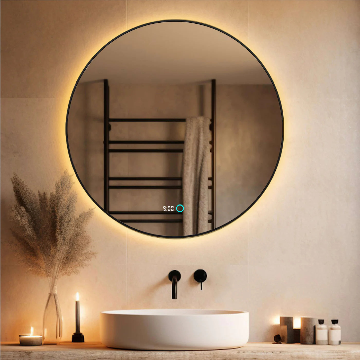 Sanoblu Neon Ronde Badkamerspiegel met zwarte frame LED verlichting en verwarming 60 cm