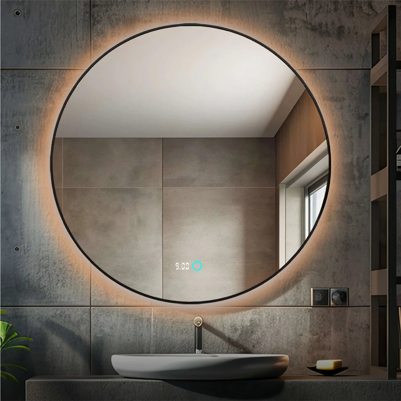 Sanoblu Neon Ronde Badkamerspiegel met zwarte frame LED verlichting en verwarming 80 cm