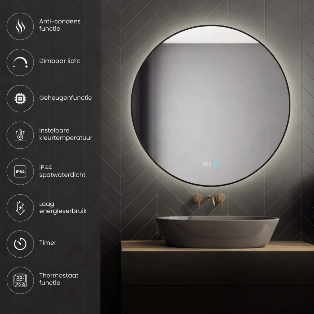 Sanoblu Neon Ronde Badkamerspiegel met zwarte frame LED verlichting en verwarming 120 cm 4