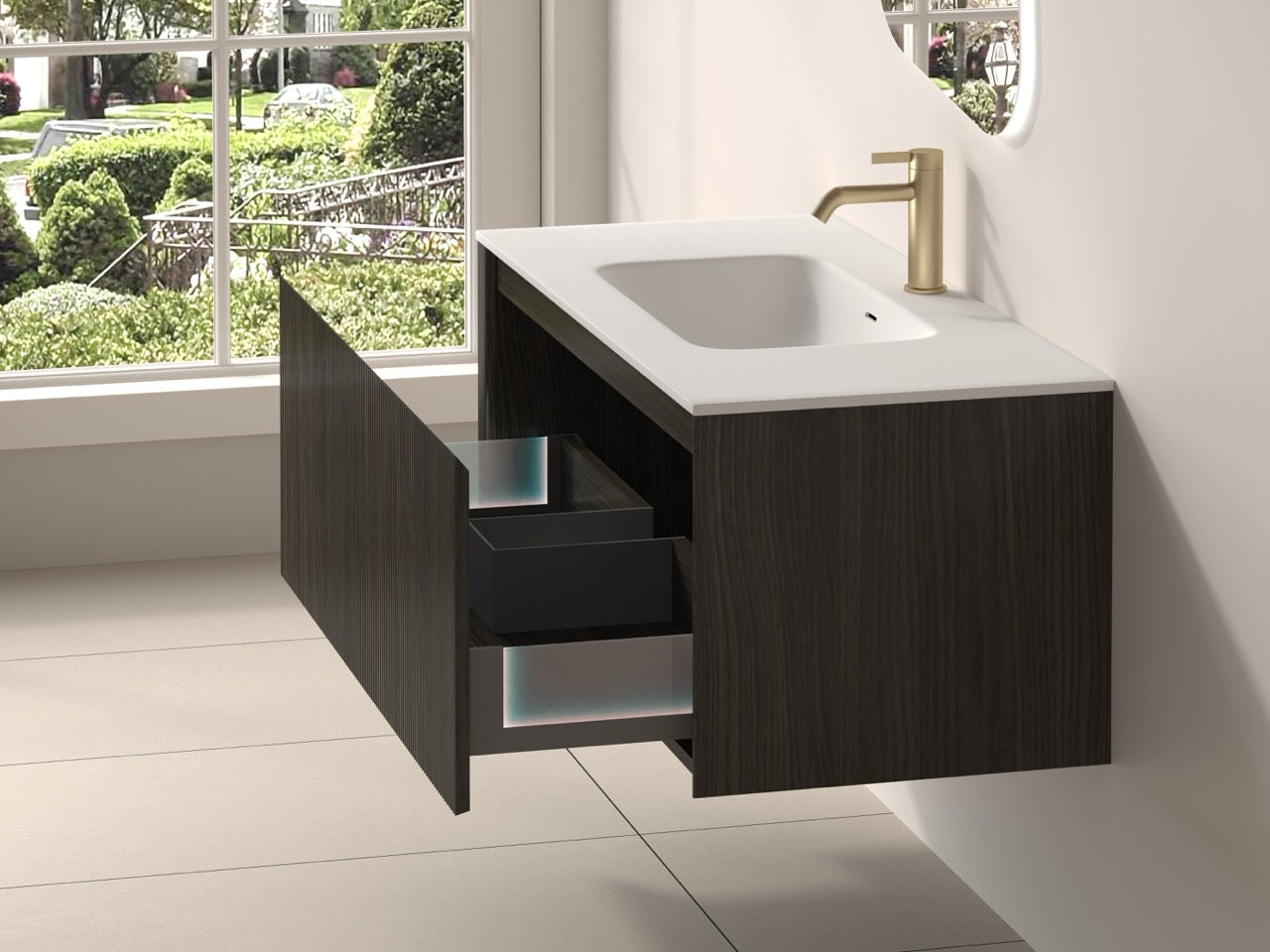 SanoBlu Lima wastafelmeubel 100 cm zwart walnoot met solid surface wastafel 6