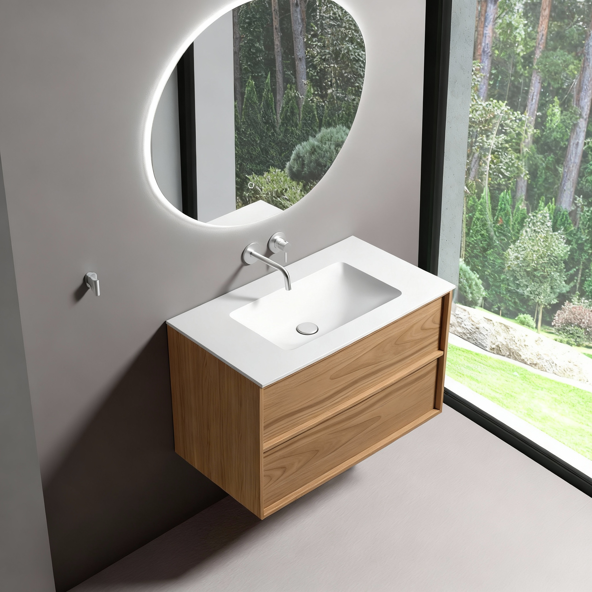 SanoBlu Riva wastafelmeubel 60 cm echt eikenfineer naturel met solid surface wastafel 4
