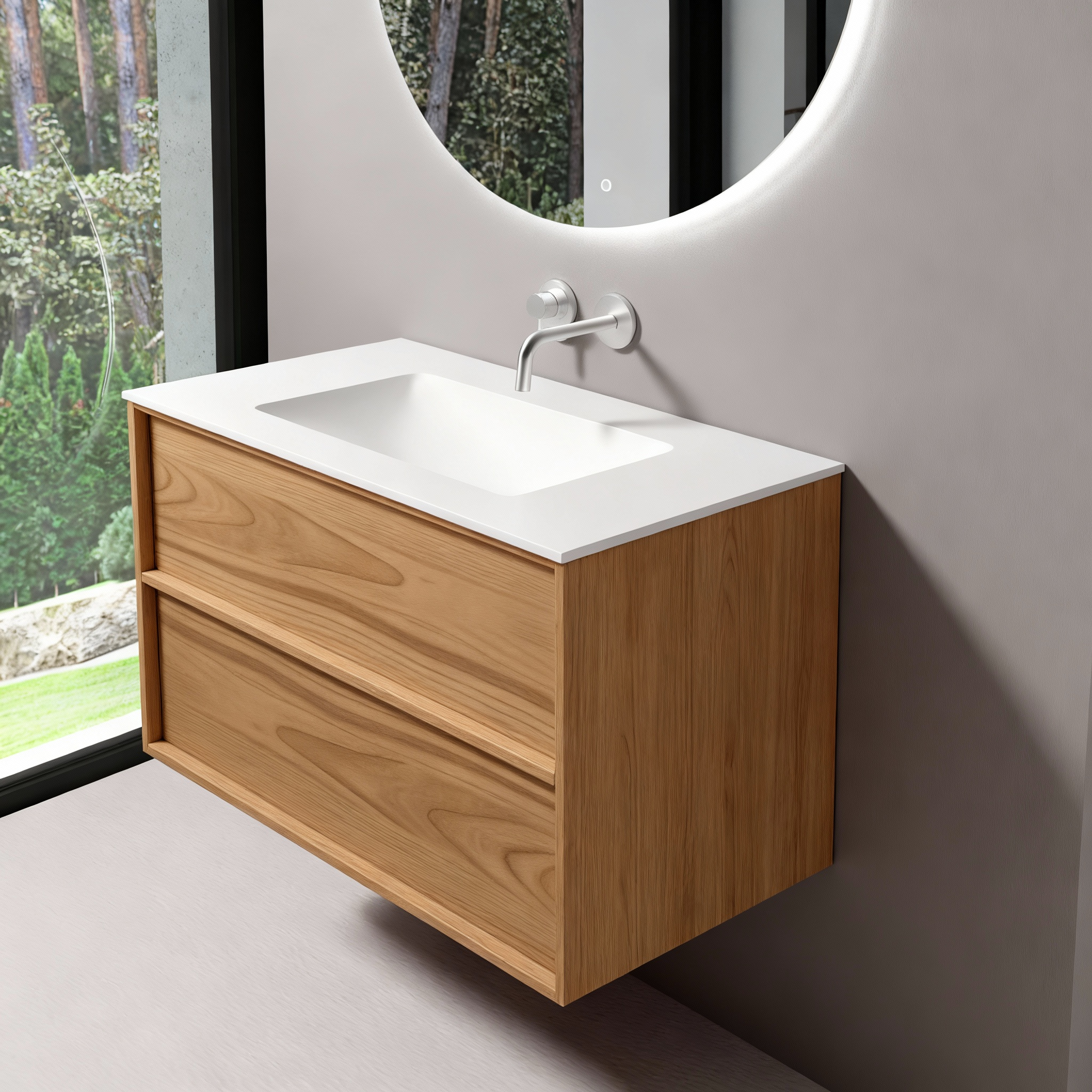 SanoBlu Riva wastafelmeubel 60 cm echt eikenfineer naturel met solid surface wastafel 3