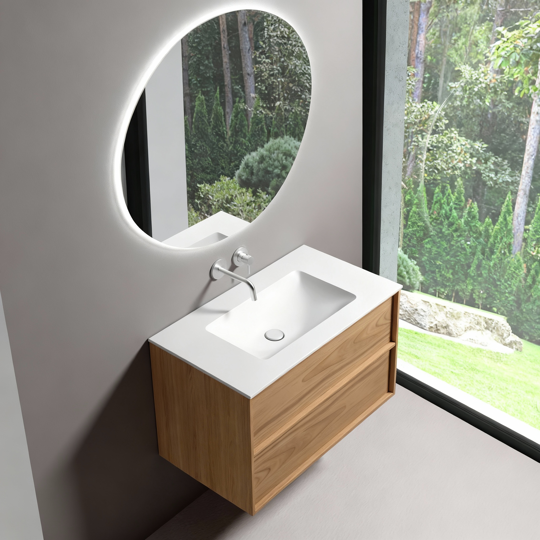 SanoBlu Riva wastafelmeubel 60 cm echt eikenfineer naturel met solid surface wastafel