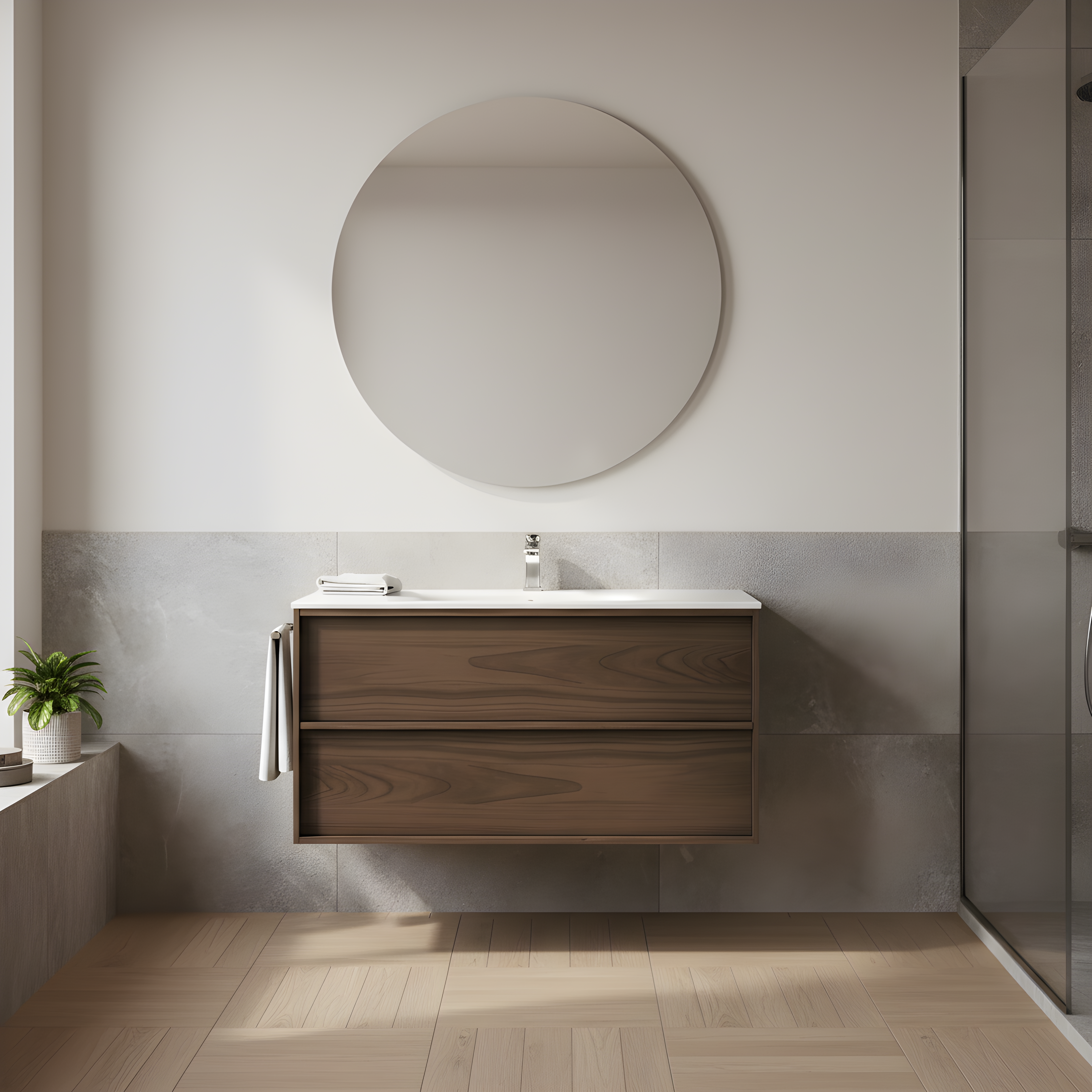 SanoBlu Riva wastafelmeubel 100 cm echt eikenfineer bruin met keramische wastafel