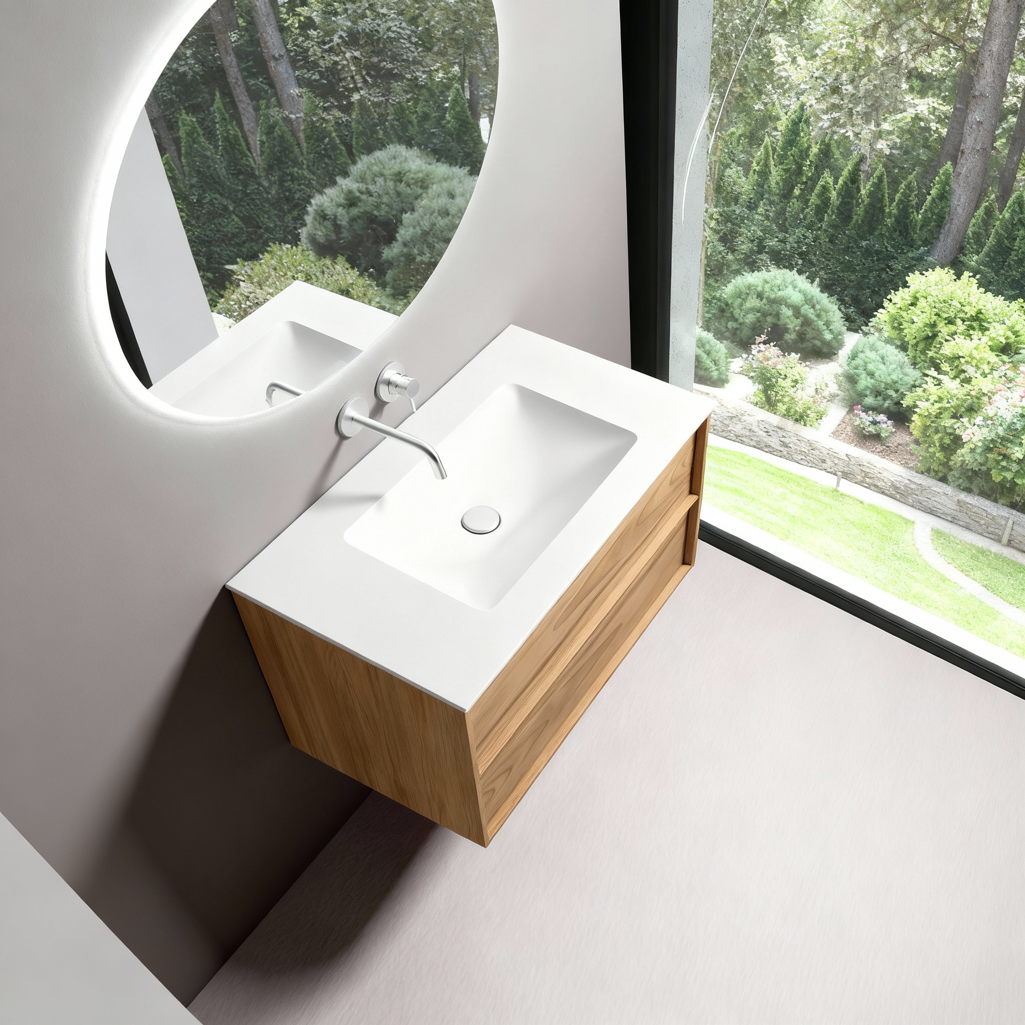 SanoBlu Riva wastafelmeubel 100 cm echt eikenfineer naturel met solid surface wastafel