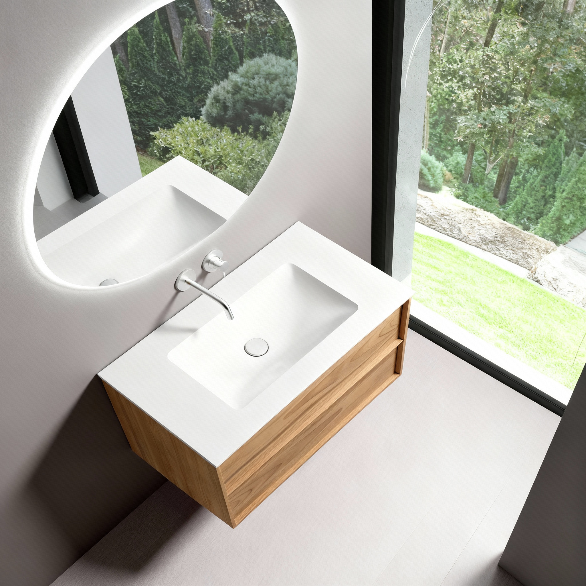 SanoBlu Riva wastafelmeubel 120 cm echt eikenfineer naturel met solid surface wastafel