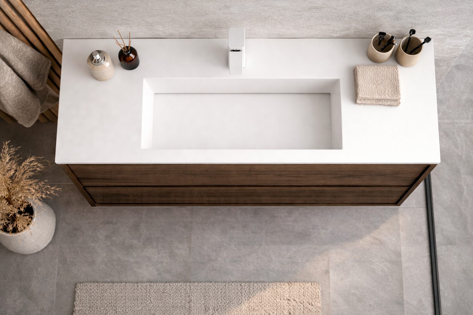 SanoBlu Riva wastafelmeubel 120 cm echt eikenfineer bruin met corian wastafel