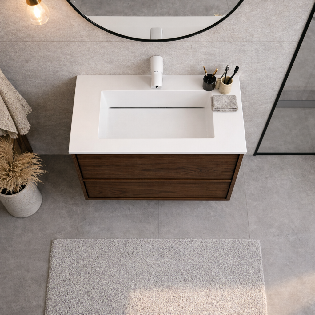 SanoBlu Riva wastafelmeubel 60 cm echt eikenfineer bruin met corian wastafel