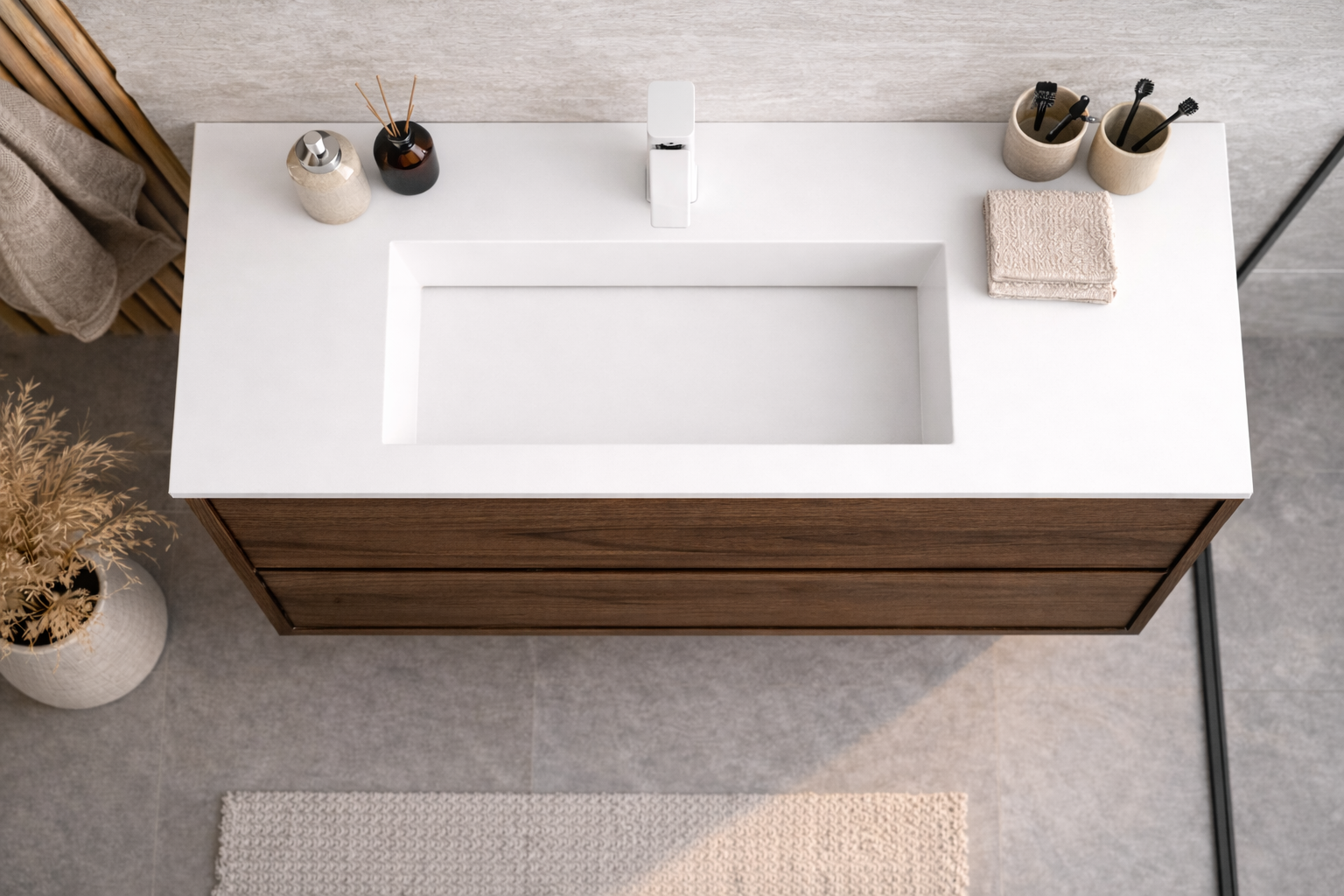 SanoBlu Riva wastafelmeubel 80 cm echt eikenfineer bruin met corian wastafel