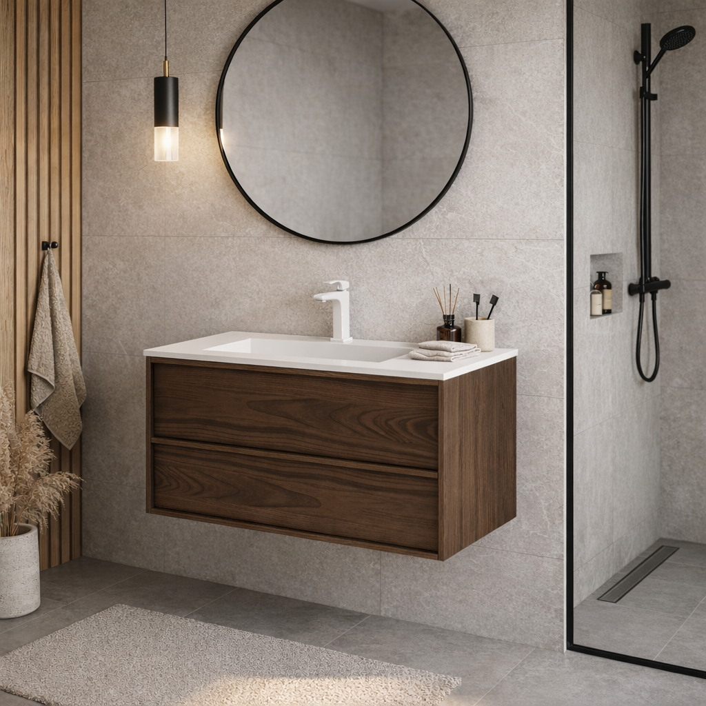 SanoBlu Riva wastafelmeubel 80 cm echt eikenfineer bruin met corian wastafel