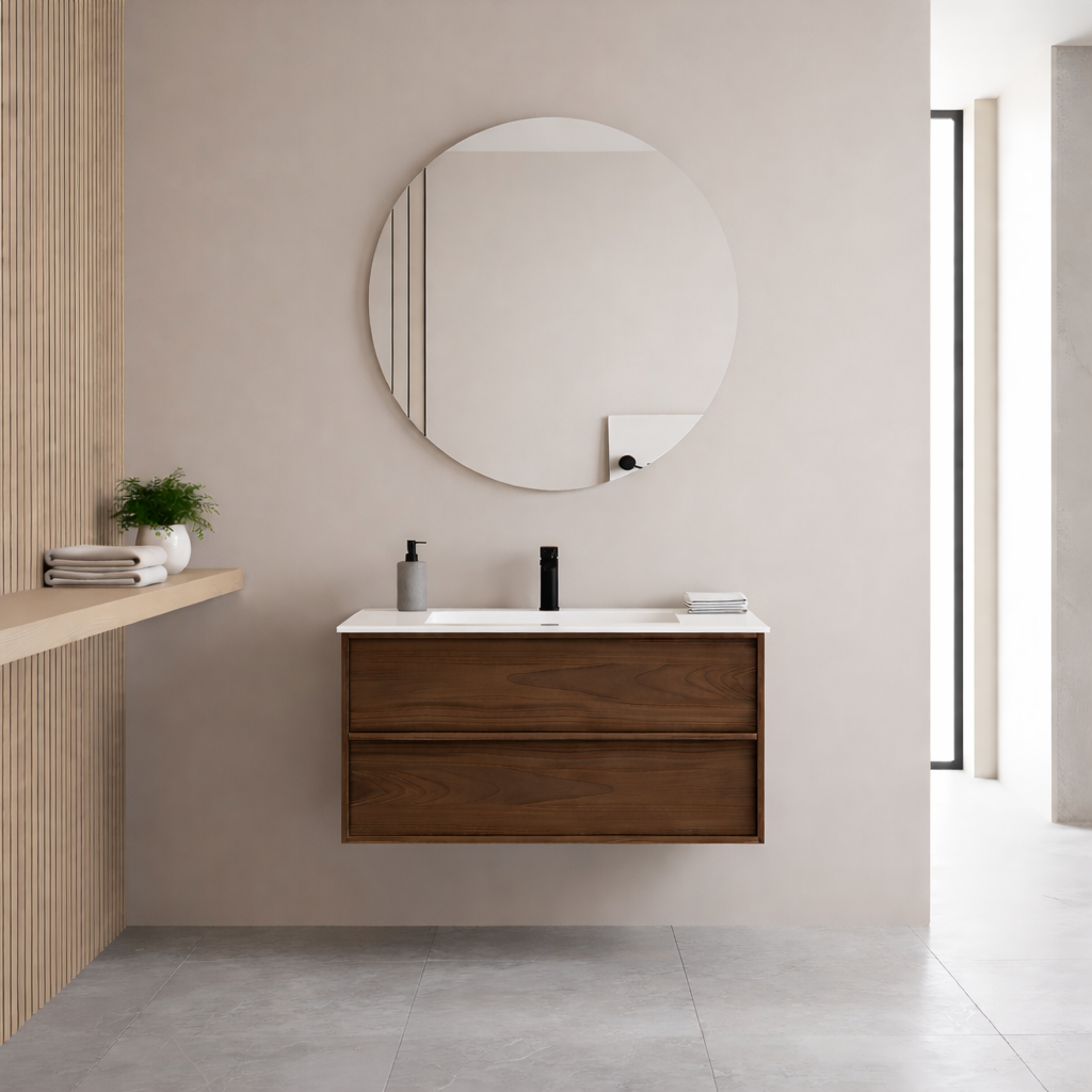 SanoBlu Riva wastafelmeubel 60 cm echt eikenfineer bruin met solid surface wastafel