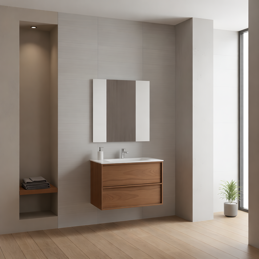 SanoBlu Riva wastafelmeubel 60 cm echt eikenfineer koper met solid surface wastafel