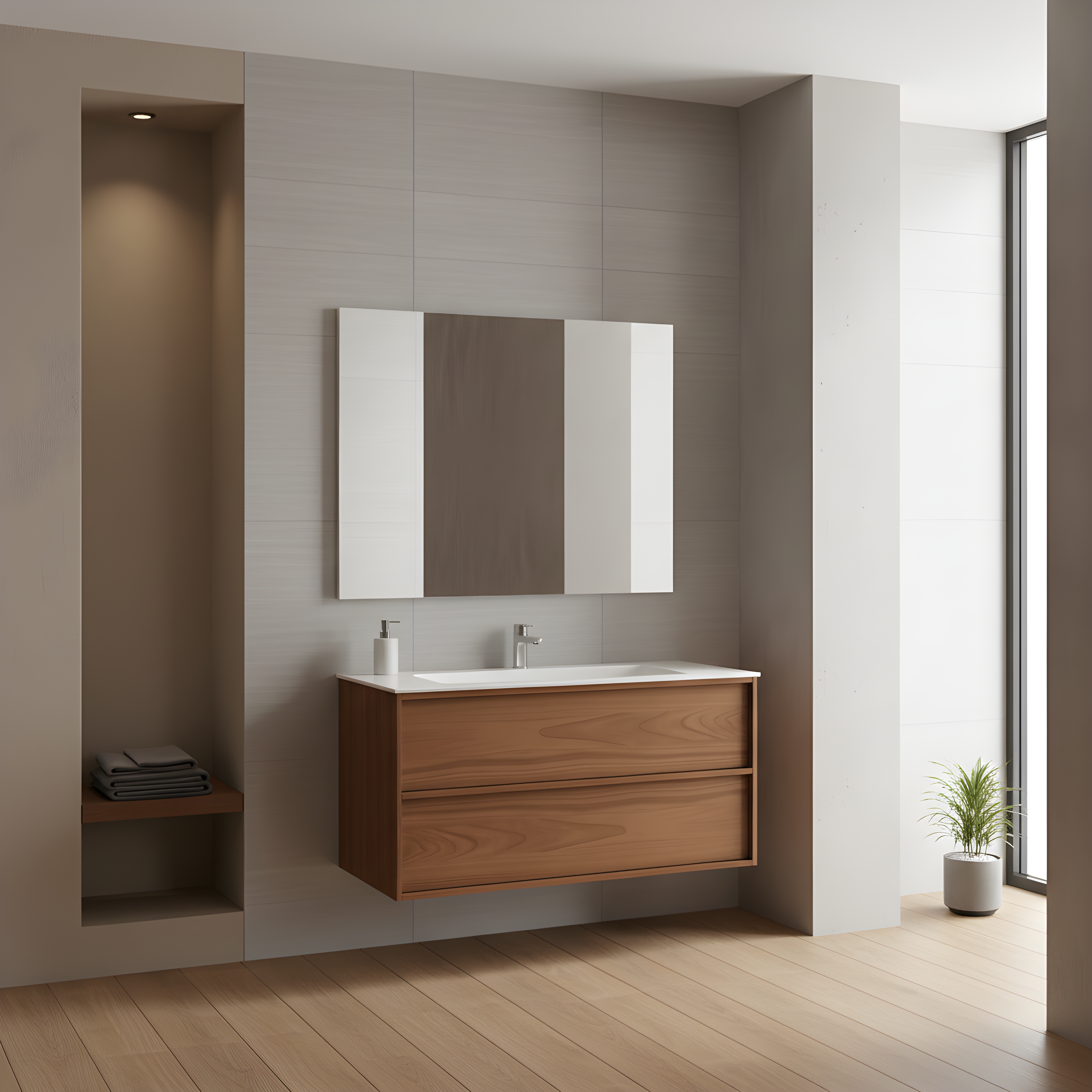 SanoBlu Riva wastafelmeubel 100 cm echt eikenfineer koper met solid surface wastafel