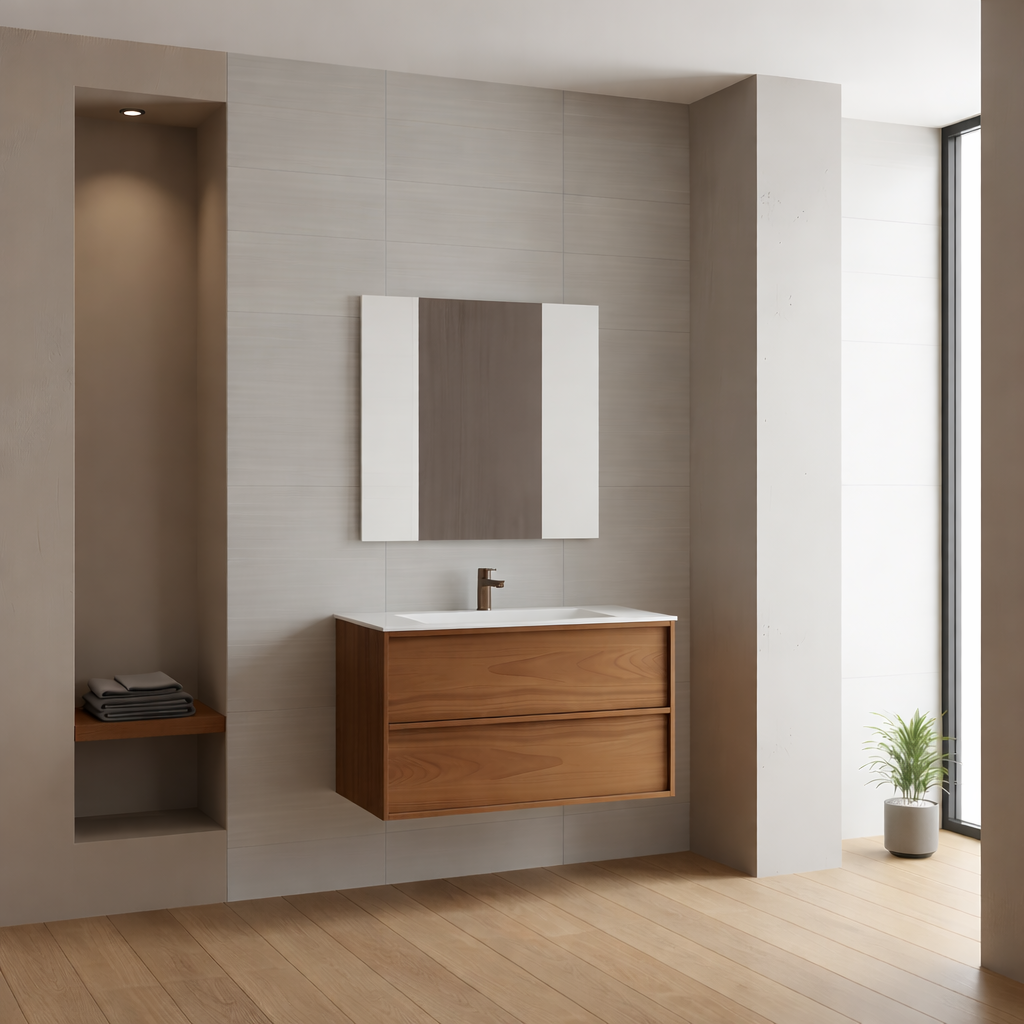 SanoBlu Riva wastafelmeubel 80 cm echt eikenfineer koper met solid surface wastafel