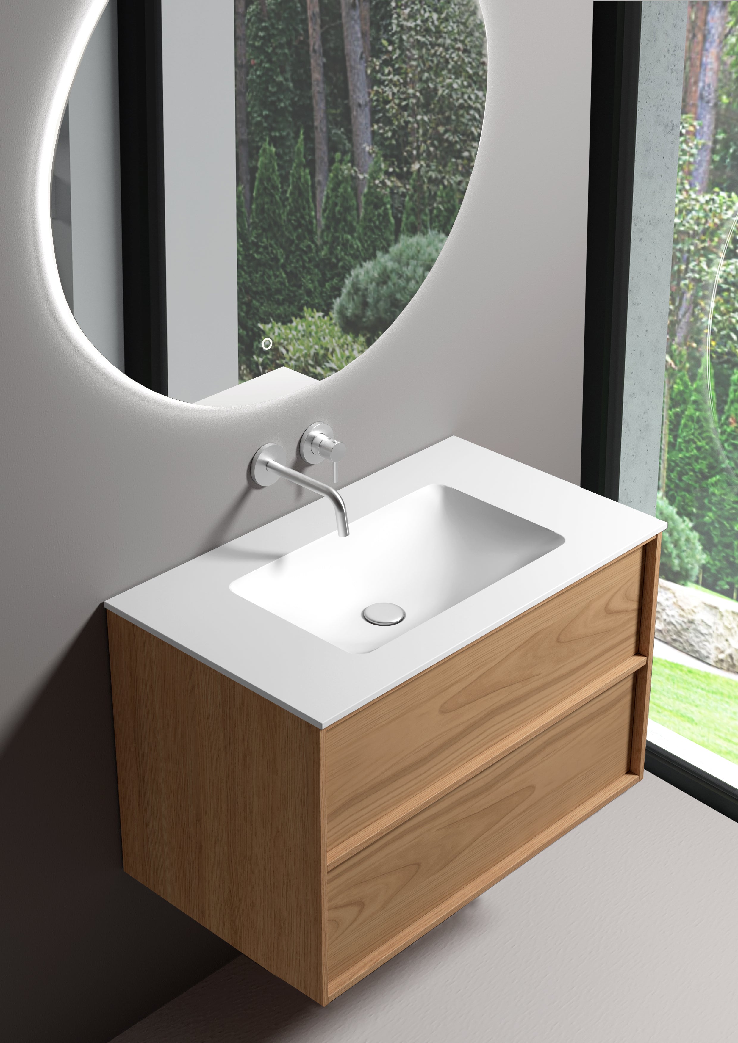 SanoBlu Riva wastafelmeubel 80 cm echt eikenfineer naturel met solid surface wastafel