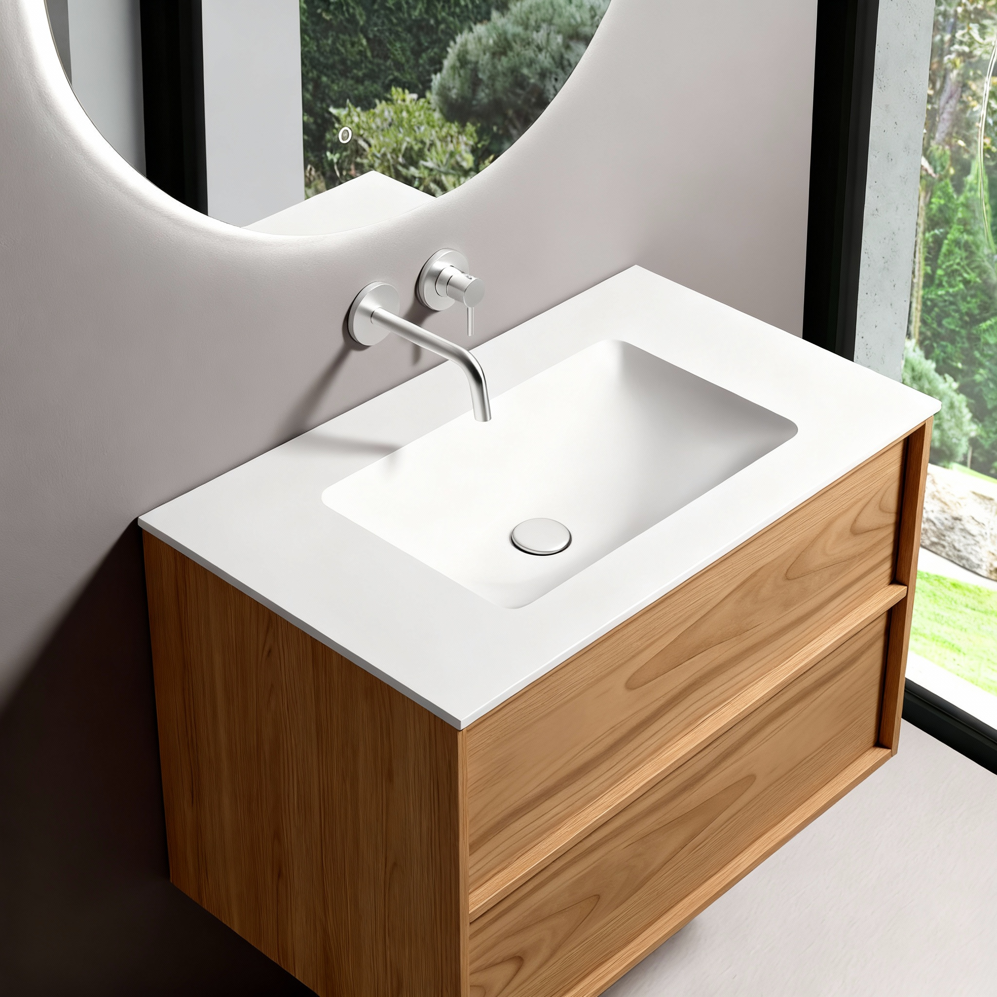 SanoBlu Riva wastafelmeubel 80 cm echt eikenfineer naturel met solid surface wastafel 3