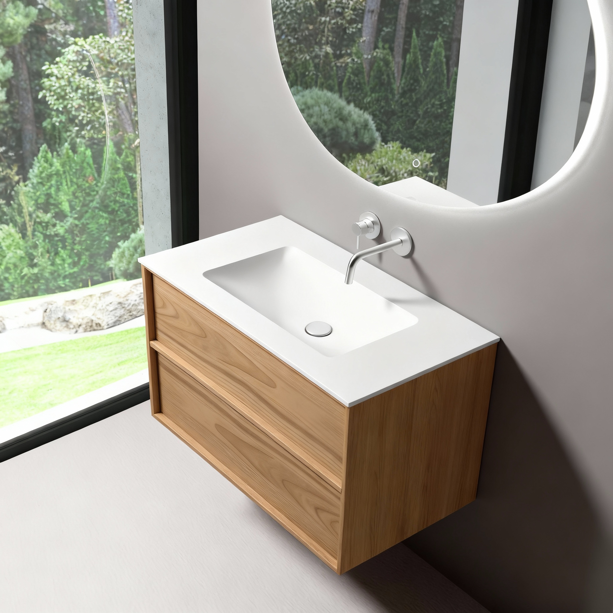 SanoBlu Riva wastafelmeubel 80 cm echt eikenfineer naturel met solid surface wastafel 4