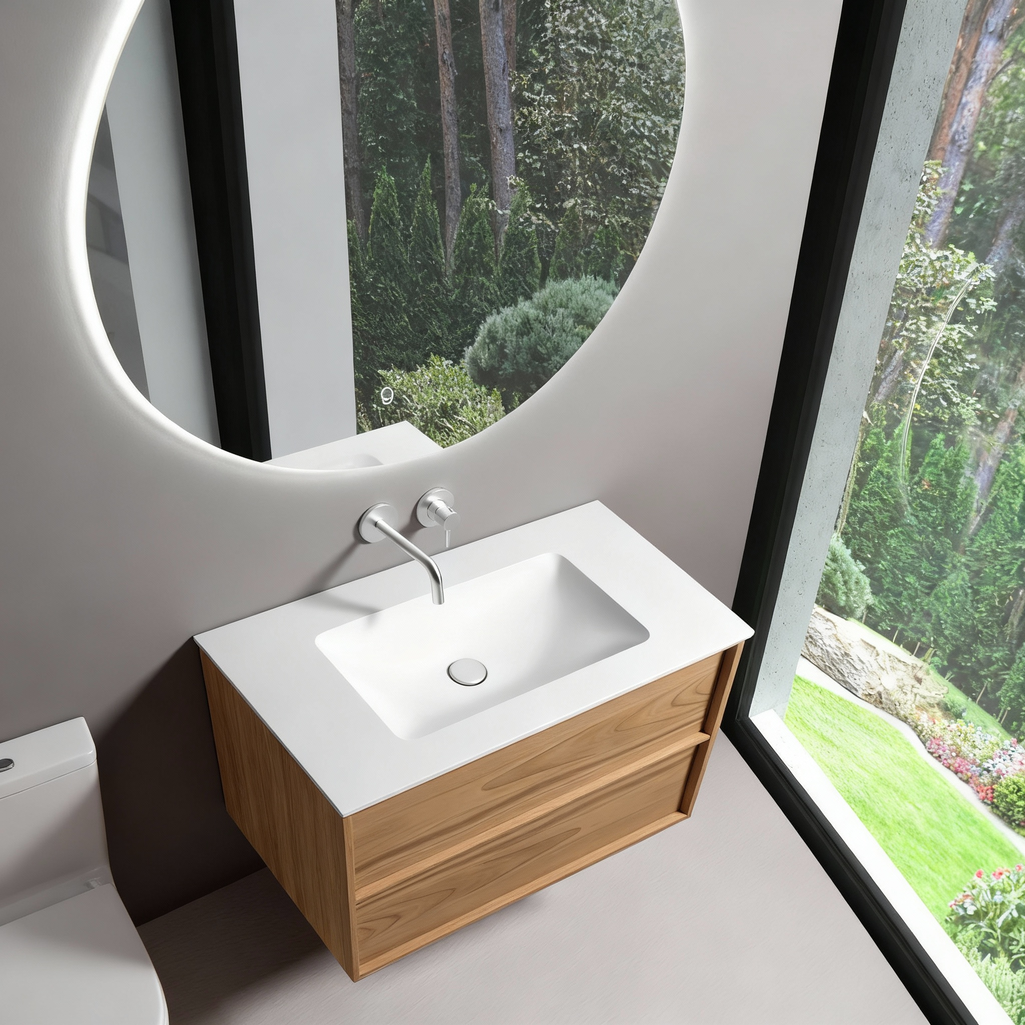 SanoBlu Riva wastafelmeubel 80 cm echt eikenfineer naturel met solid surface wastafel 5
