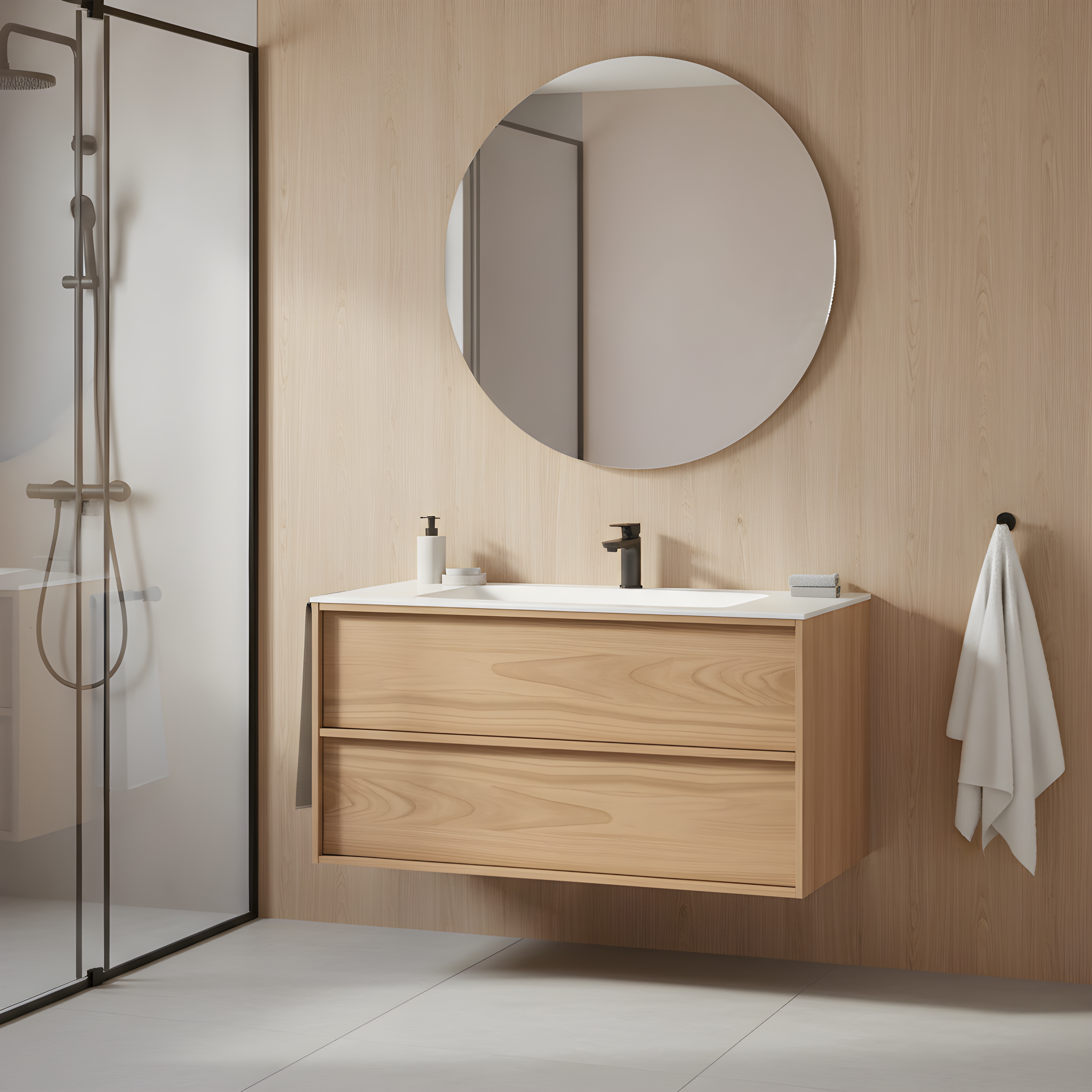 SanoBlu Riva wastafelmeubel 80 cm echt eikenfineer naturel met solid surface wastafel