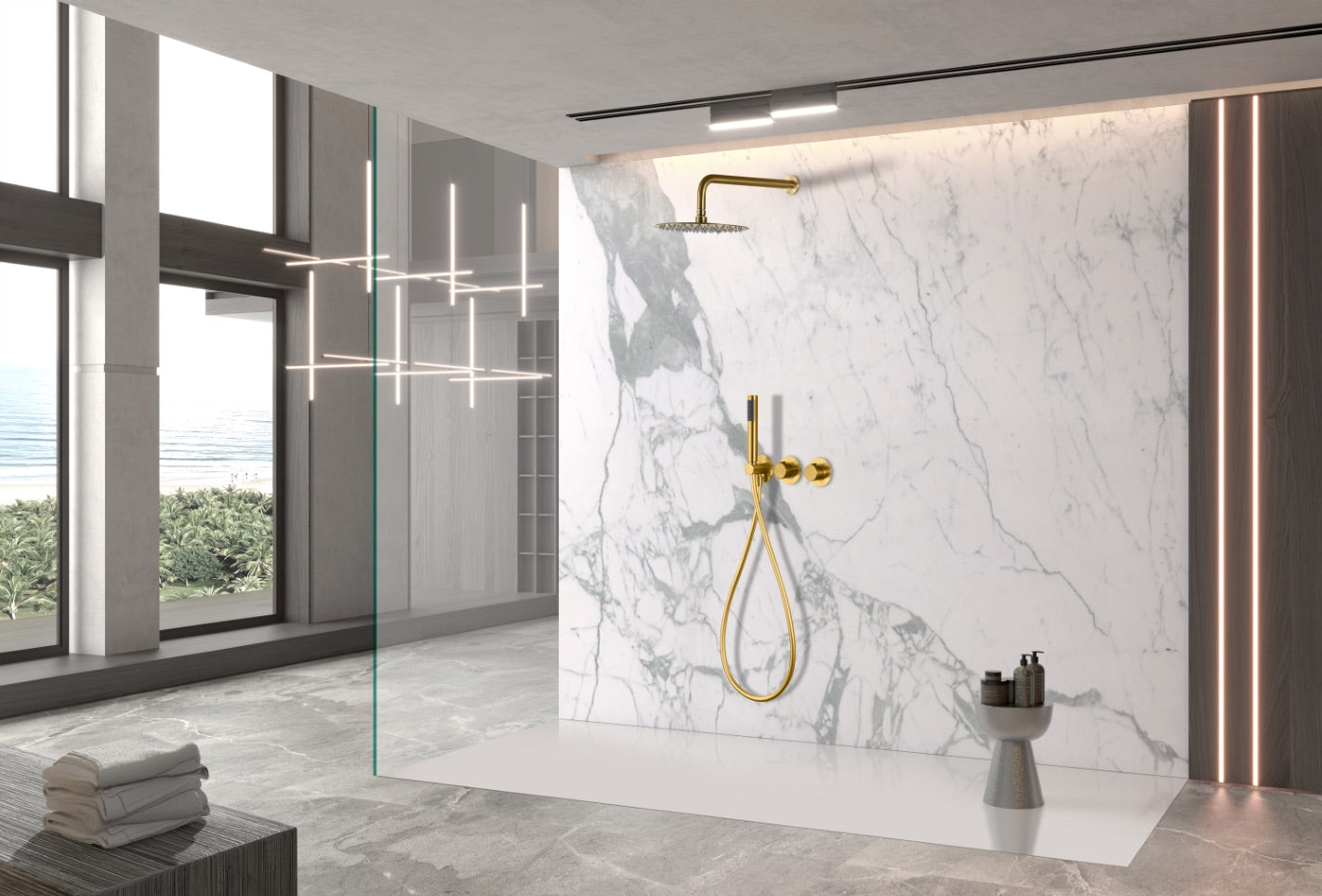 SanoBlu Flow inbouw regendouche geborsteld goud met 30 cm douchekop