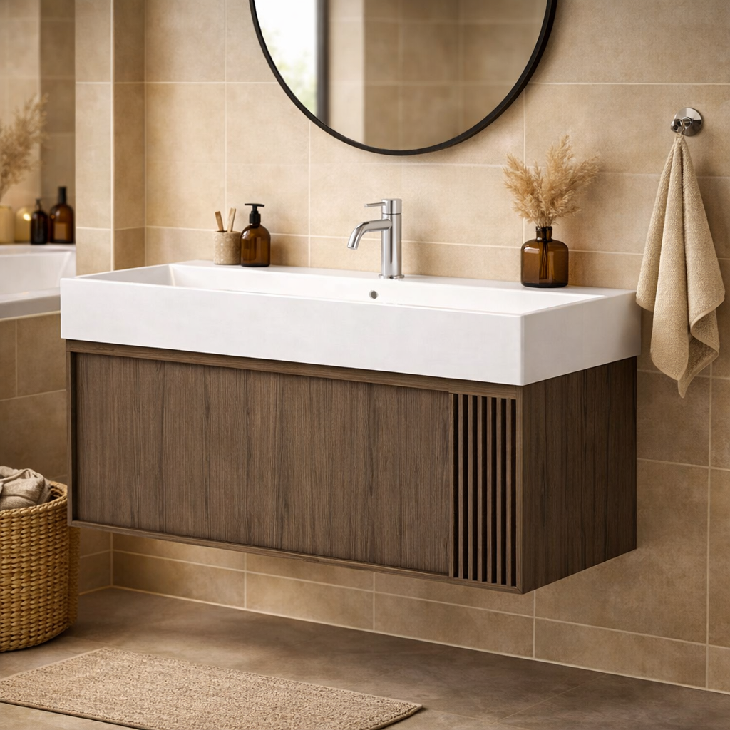 SanoBlu Fina wastafelmeubel 120 cm echt eikenhout en eikenfineer smoky met gefreesde front en keramische wastafel