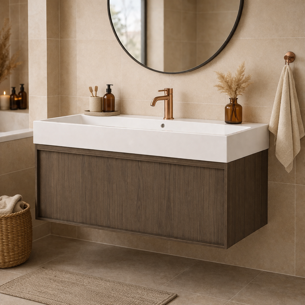 SanoBlu Fina wastafelmeubel 120 cm echt eikenhout en eikenfineer smoky met keramische wastafel