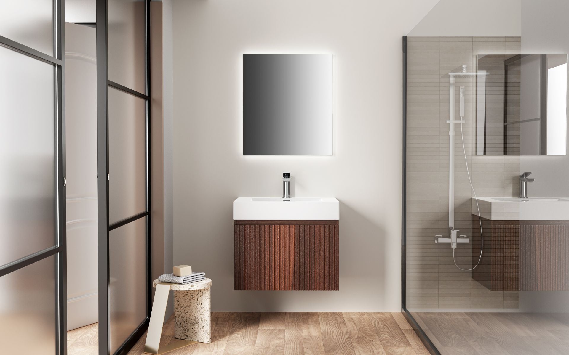 SanoBlu Orosei badkamer meubel 60 cm walnoot ribbelfront met witte wastafel