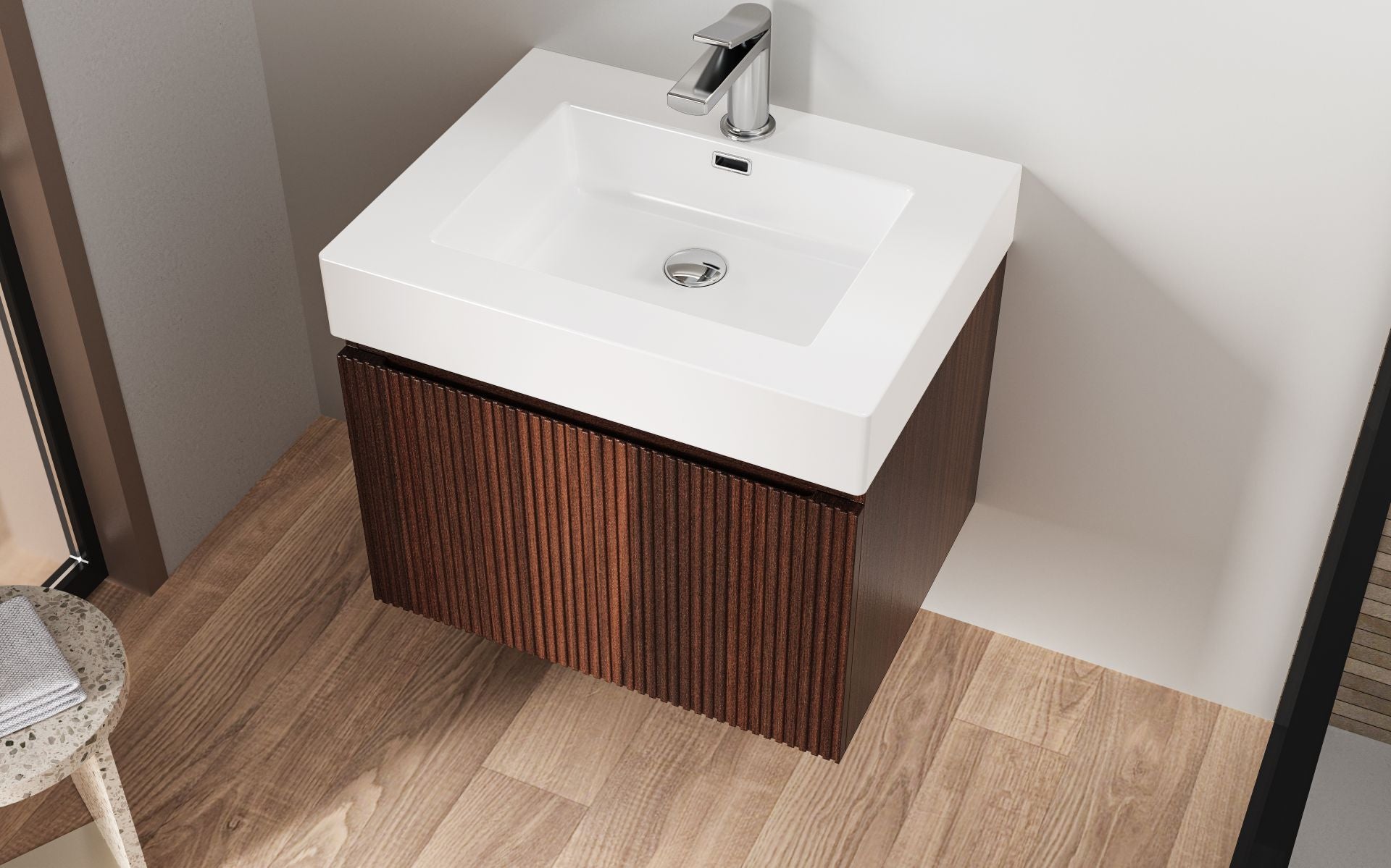 SanoBlu Orosei badkamer meubel 60 cm walnoot ribbelfront met witte wastafel 3