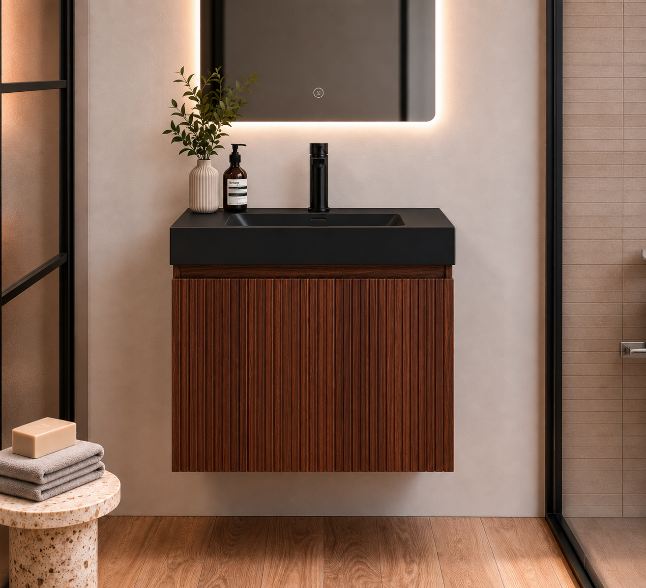 SanoBlu Orosei badkamer meubel 60 cm walnoot ribbelfront met mat zwarte wastafel