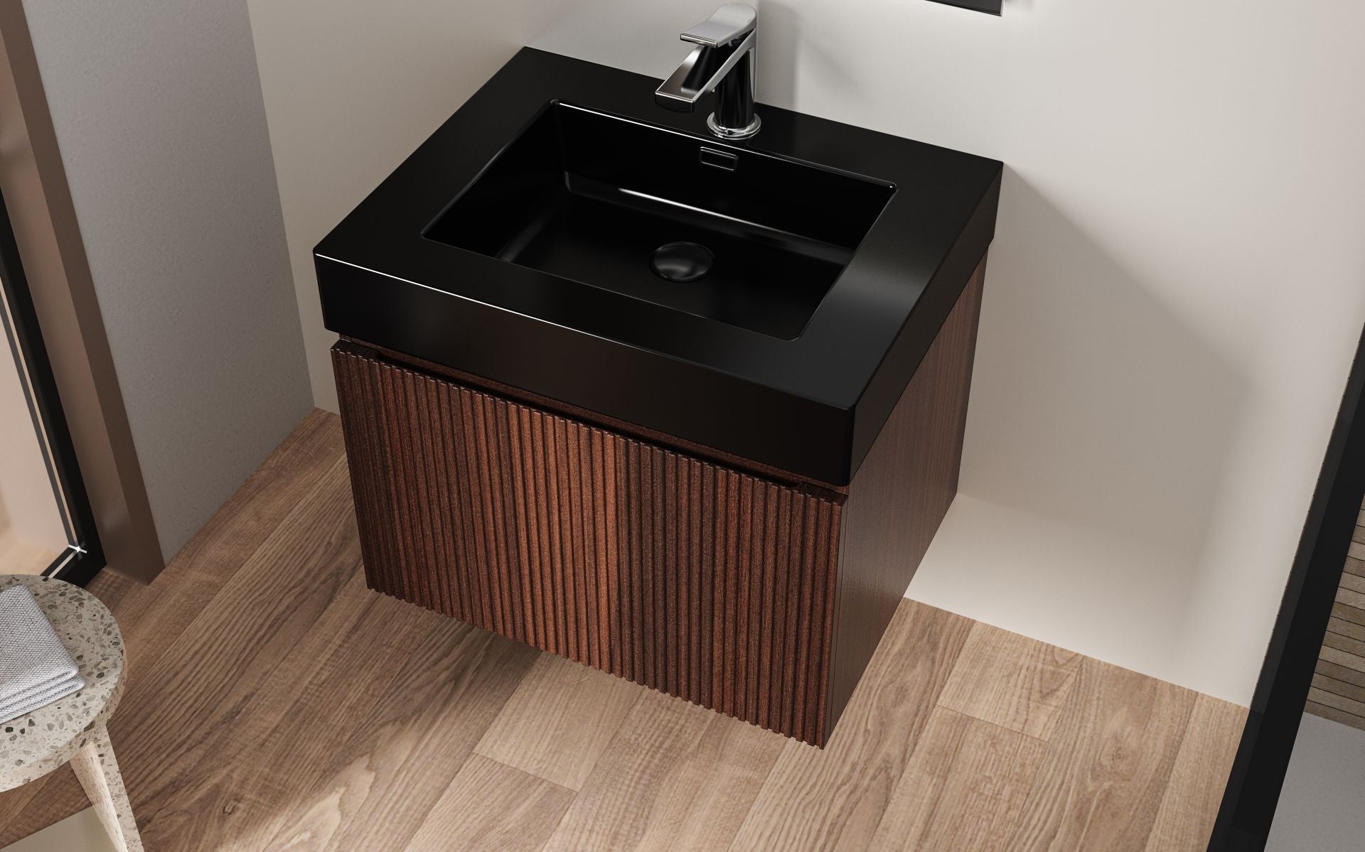 SanoBlu Orosei badkamer meubel 60 cm walnoot ribbelfront met mat zwarte wastafel