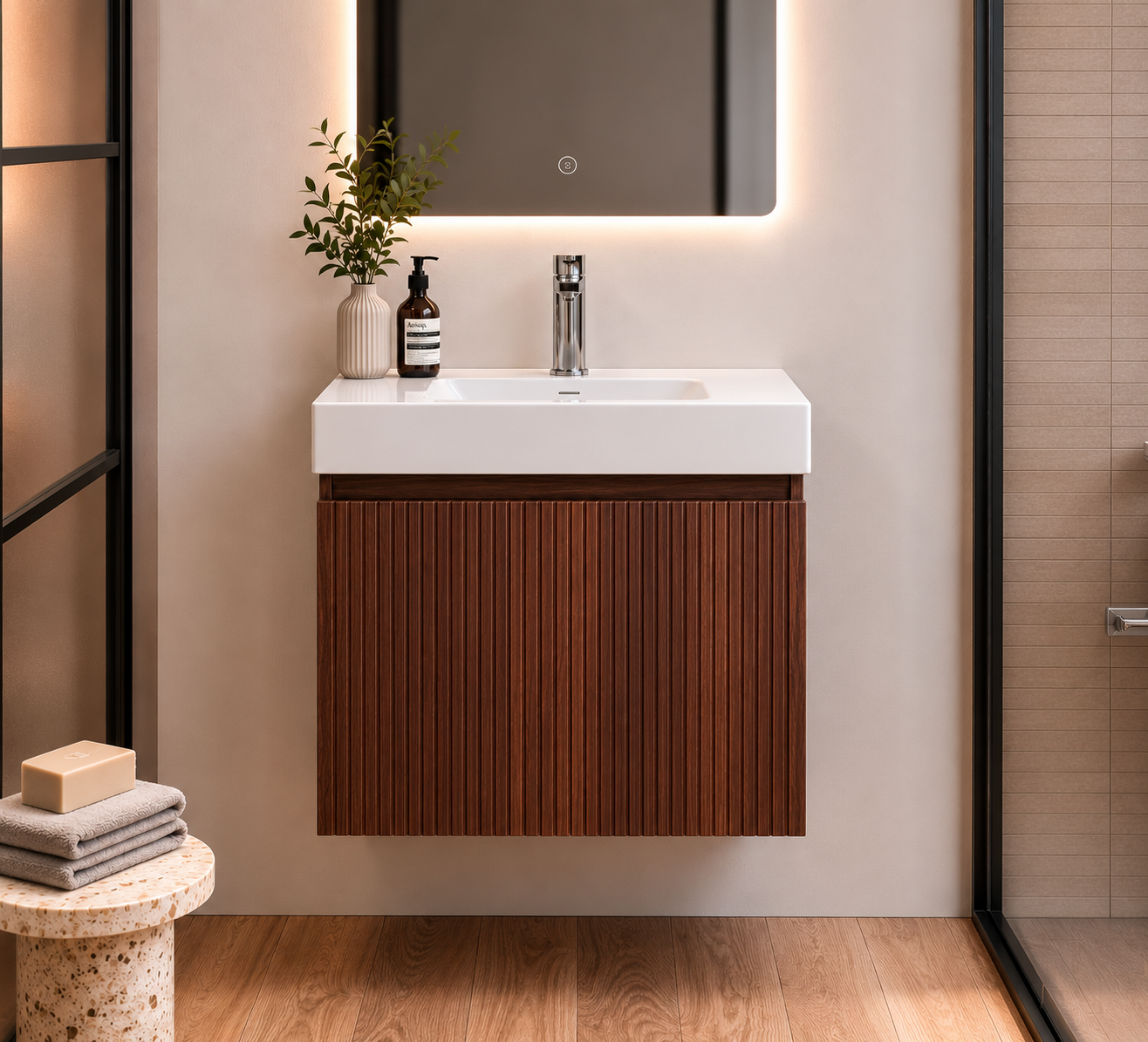 SanoBlu Orosei badkamer meubel 60 cm walnoot ribbelfront met witte wastafel