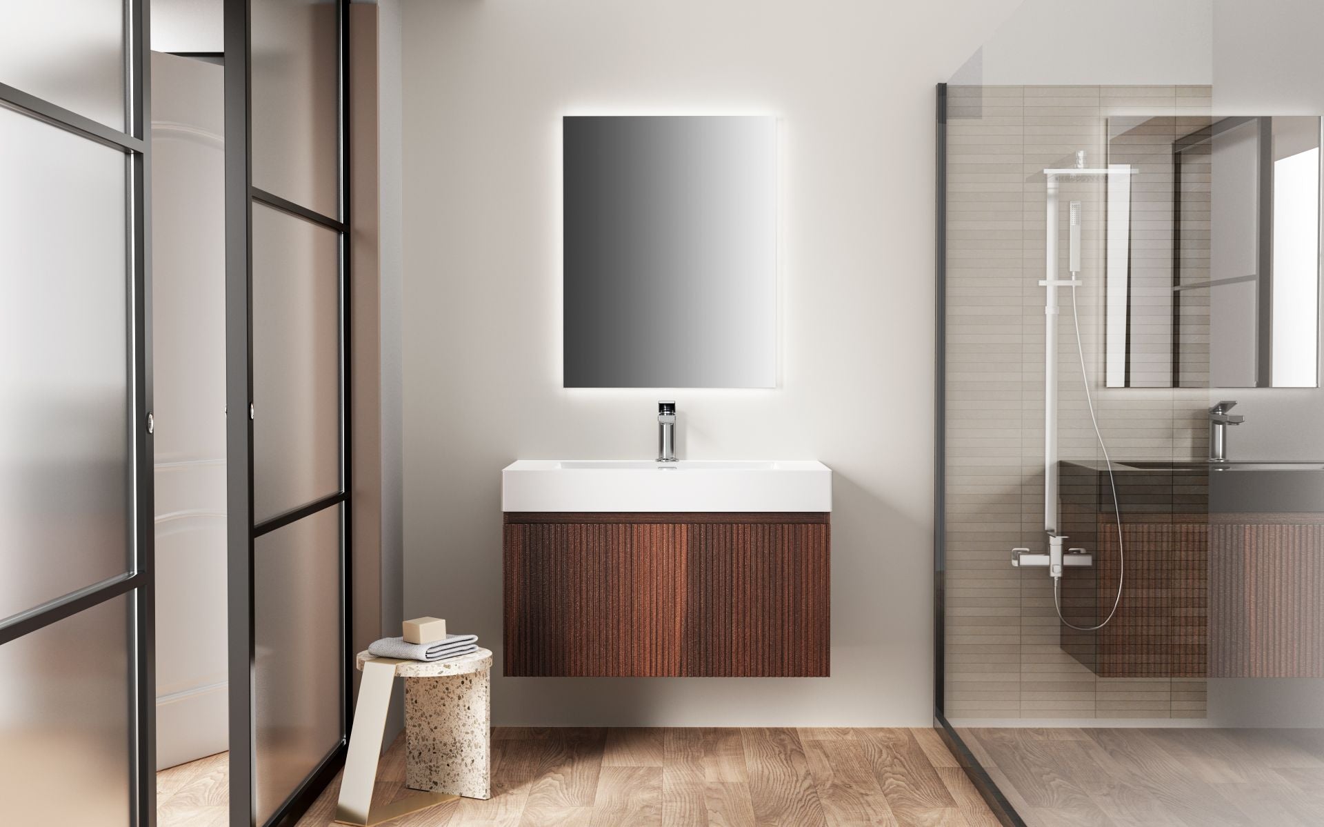 SanoBlu Orosei badkamer meubel 80 cm walnoot ribbelfront met witte wastafel