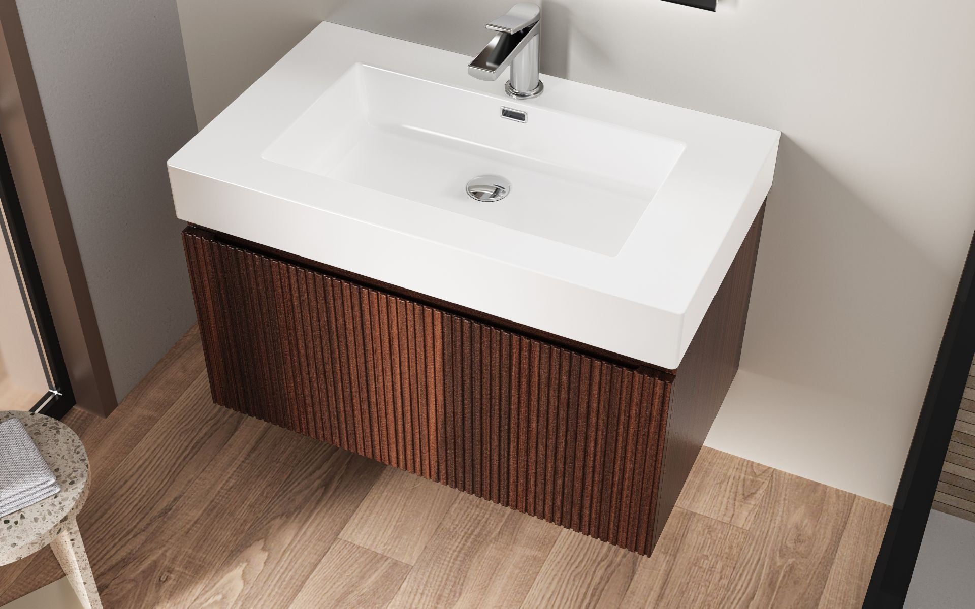 SanoBlu Orosei badkamer meubel 80 cm walnoot ribbelfront met witte wastafel 3