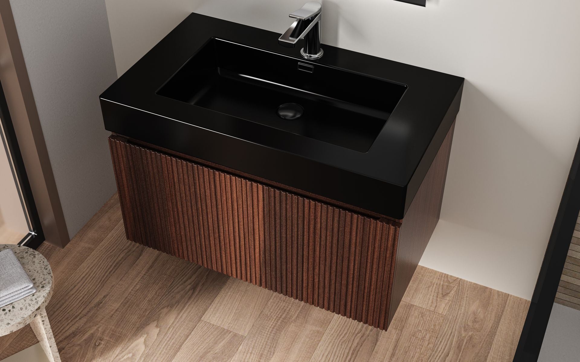 SanoBlu Orosei badkamer meubel 80 cm walnoot ribbelfront met mat zwarte wastafel