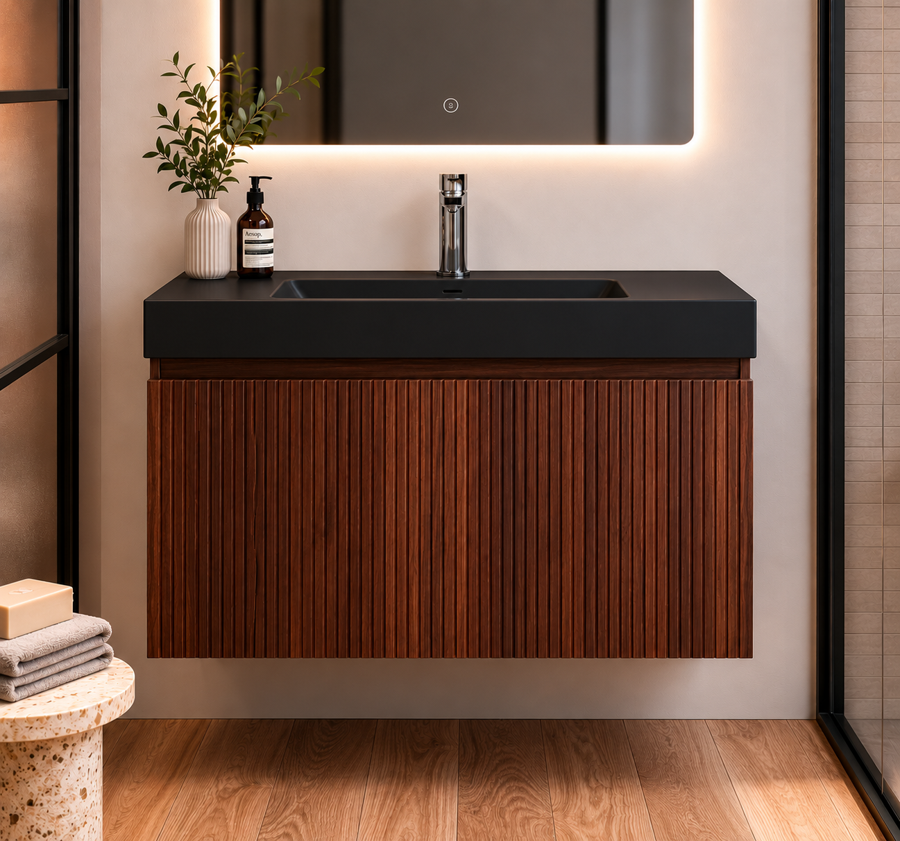 SanoBlu Orosei badkamer meubel 80 cm walnoot ribbelfront met mat zwarte wastafel