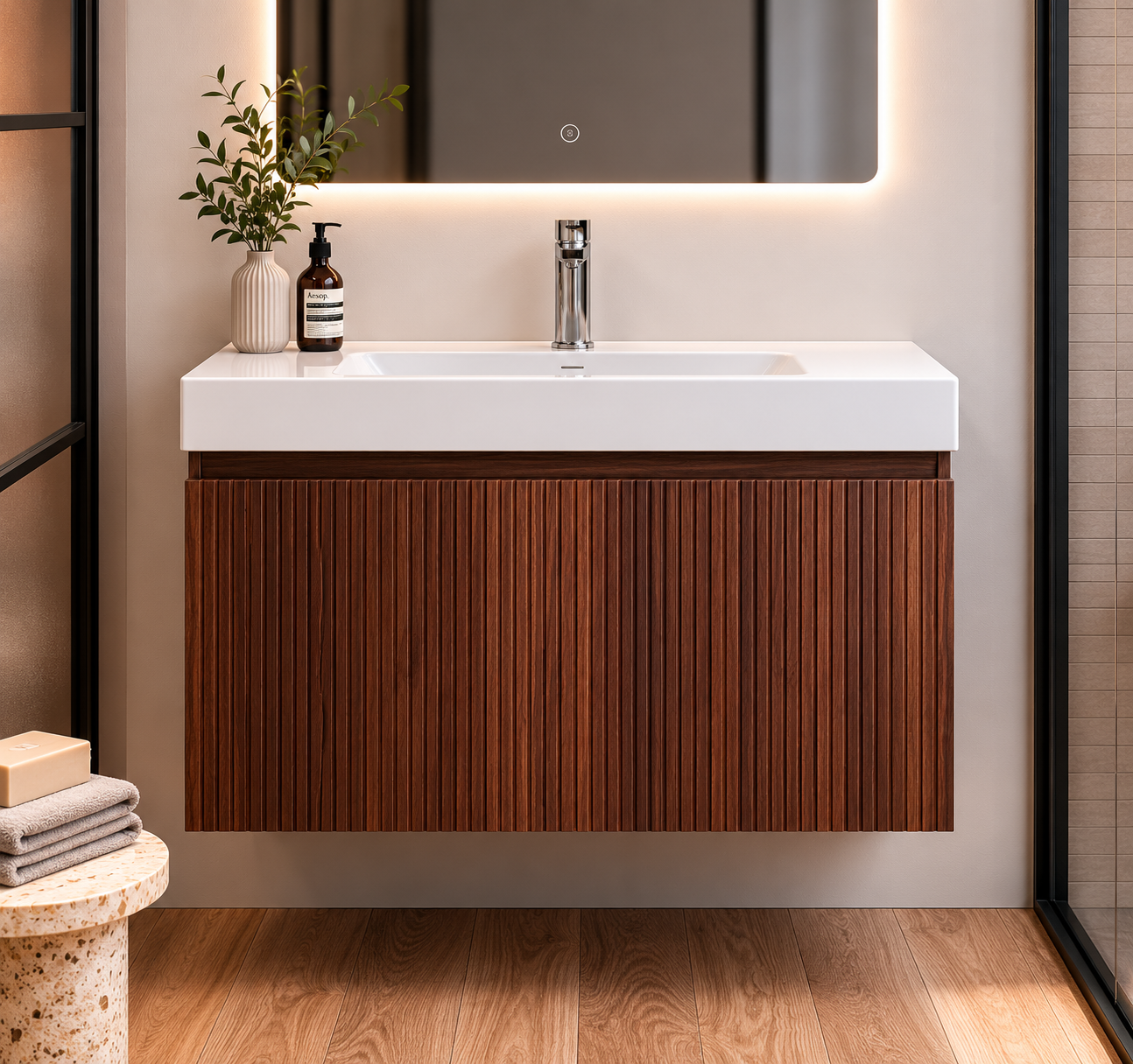 SanoBlu Orosei badkamer meubel 80 cm walnoot ribbelfront met witte wastafel