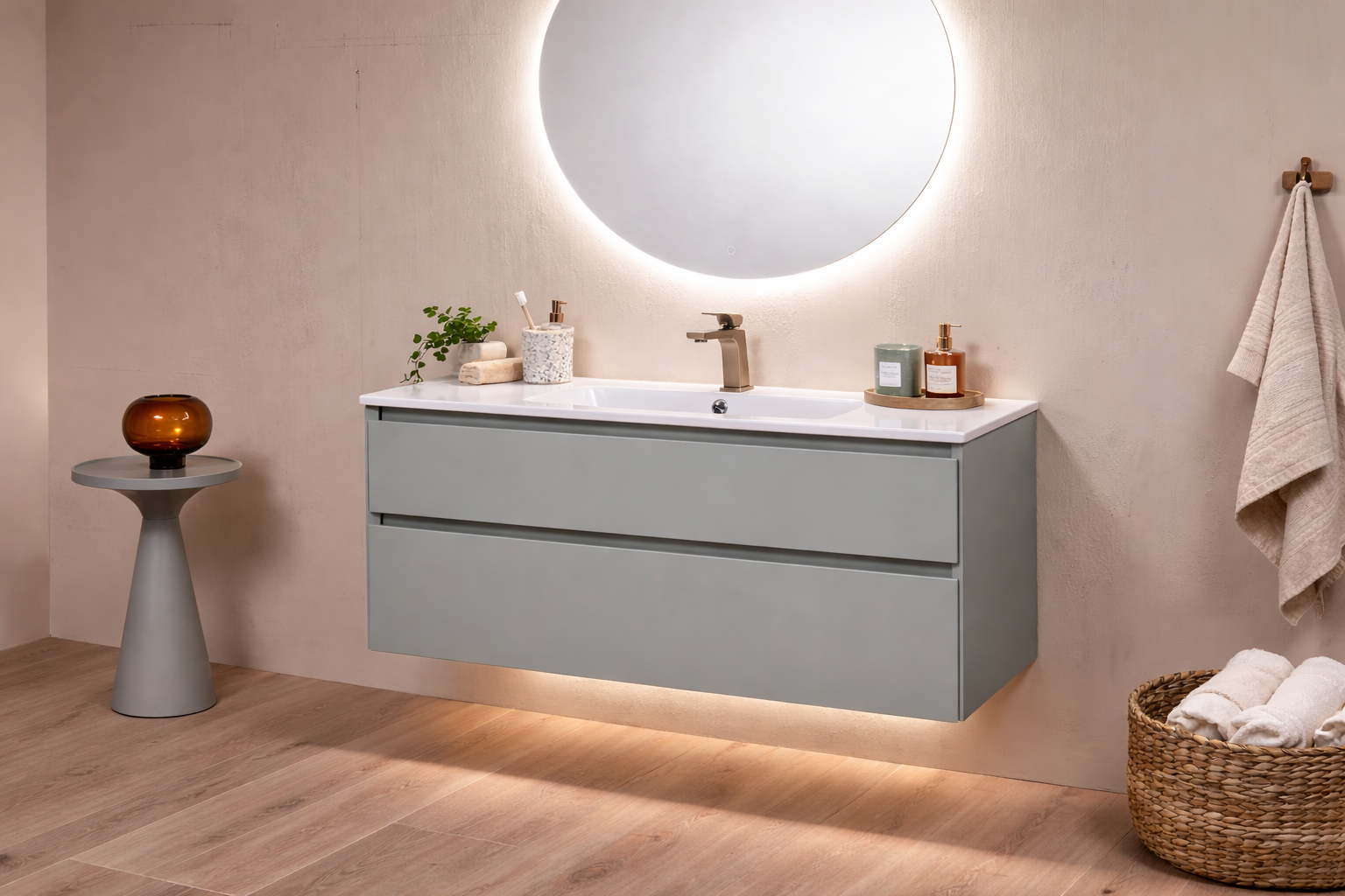 SanoBlu Pure wastafelmeubel 100 cm savanne groen met keramische wastafel